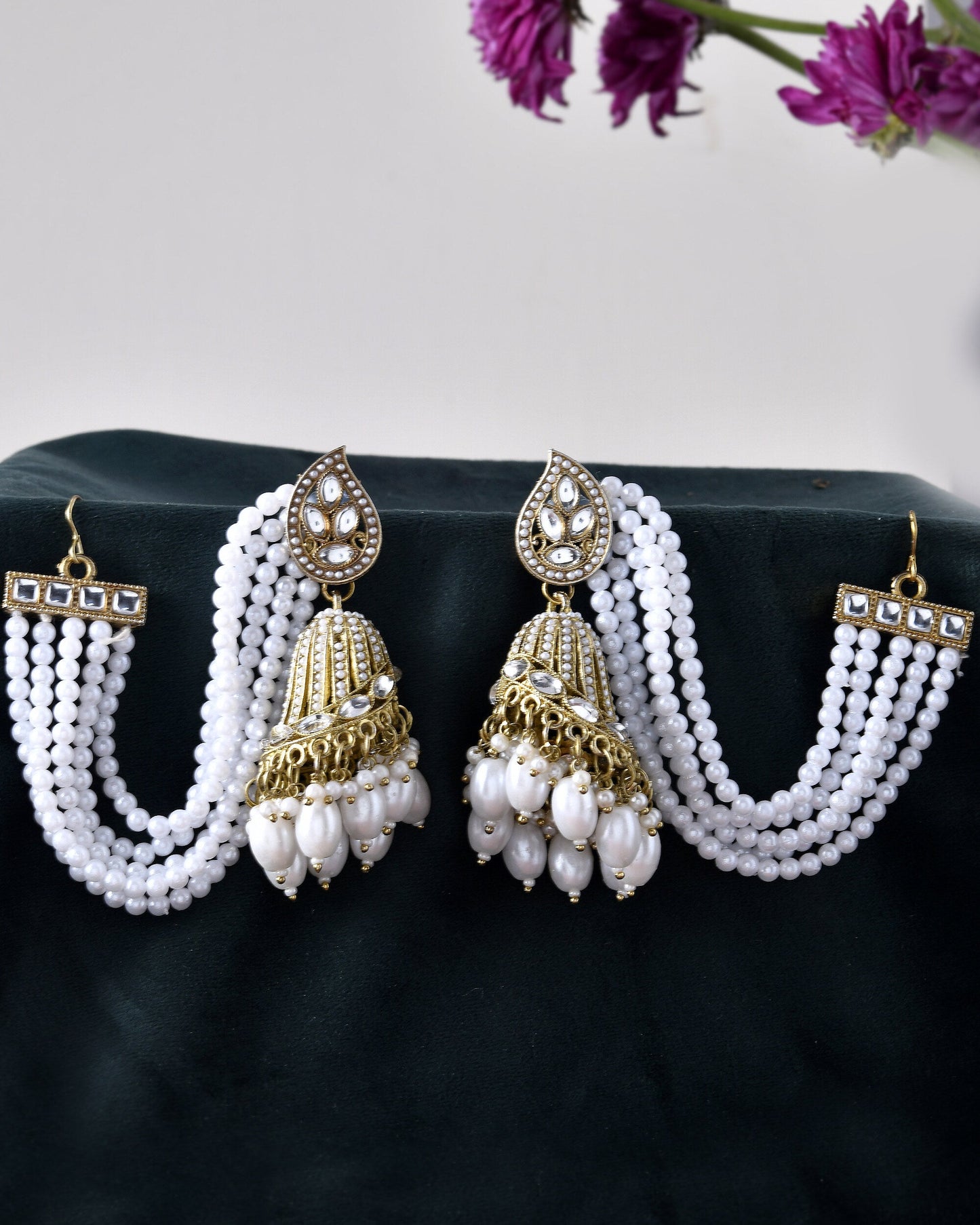 Jewels Nest Grand Traditional Gold and Pearl Jhumka Earrings with Kundan and Layered Pearl Strings - Swadesiicart