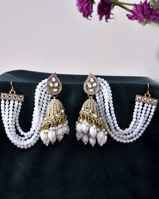 Jewels Nest Grand Traditional Gold and Pearl Jhumka Earrings with Kundan and Layered Pearl Strings - Swadesiicart