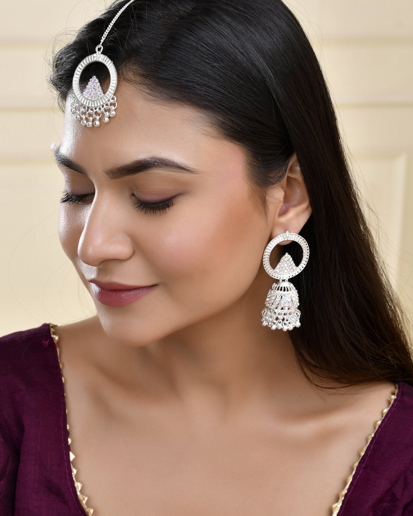 Jewels Nest Silver-Plated Crystal Embellished Jhumka Earrings with Circular Hoops - Swadesiicart