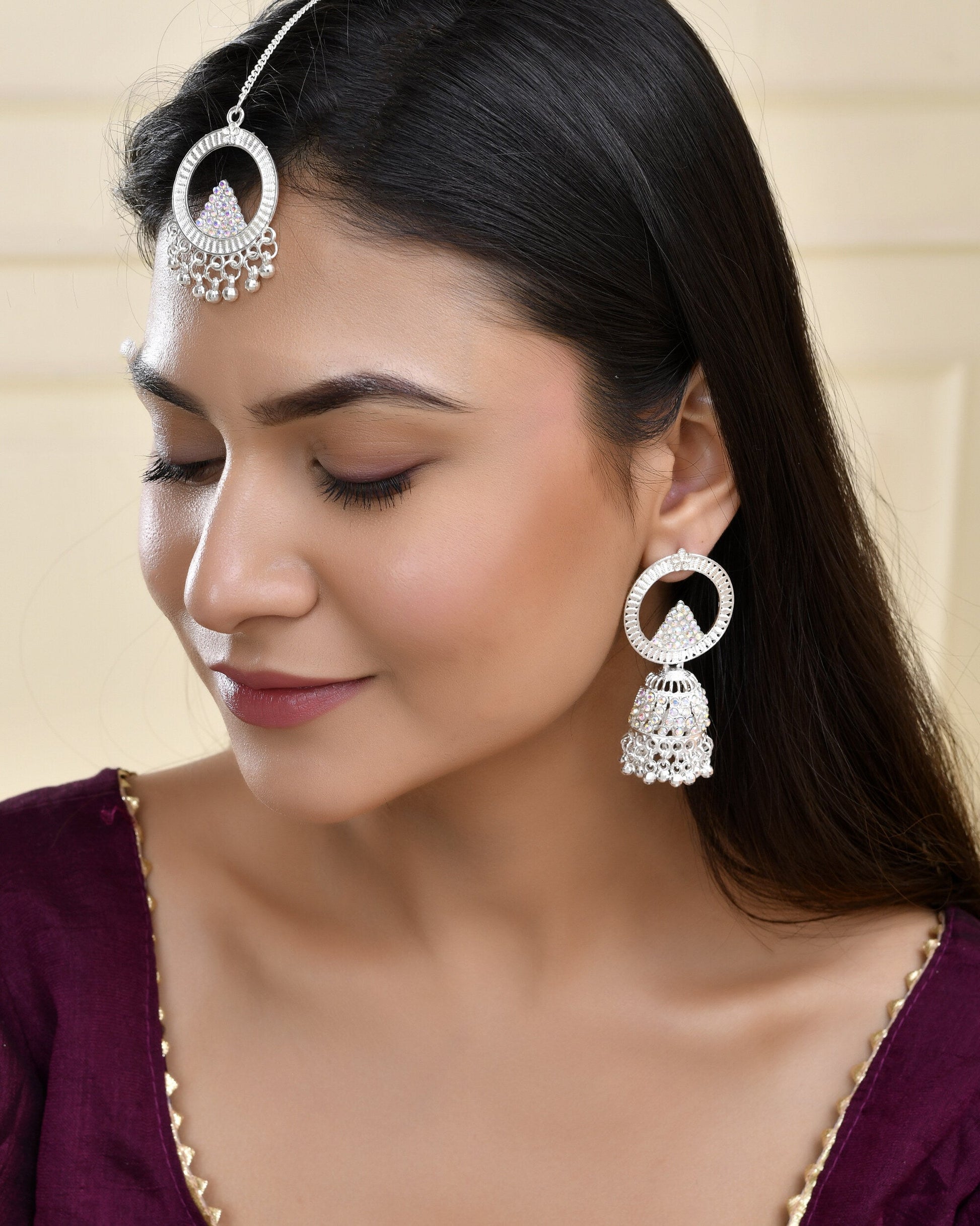Jewels Nest Silver-Plated Crystal Embellished Jhumka Earrings with Circular Hoops - Swadesiicart