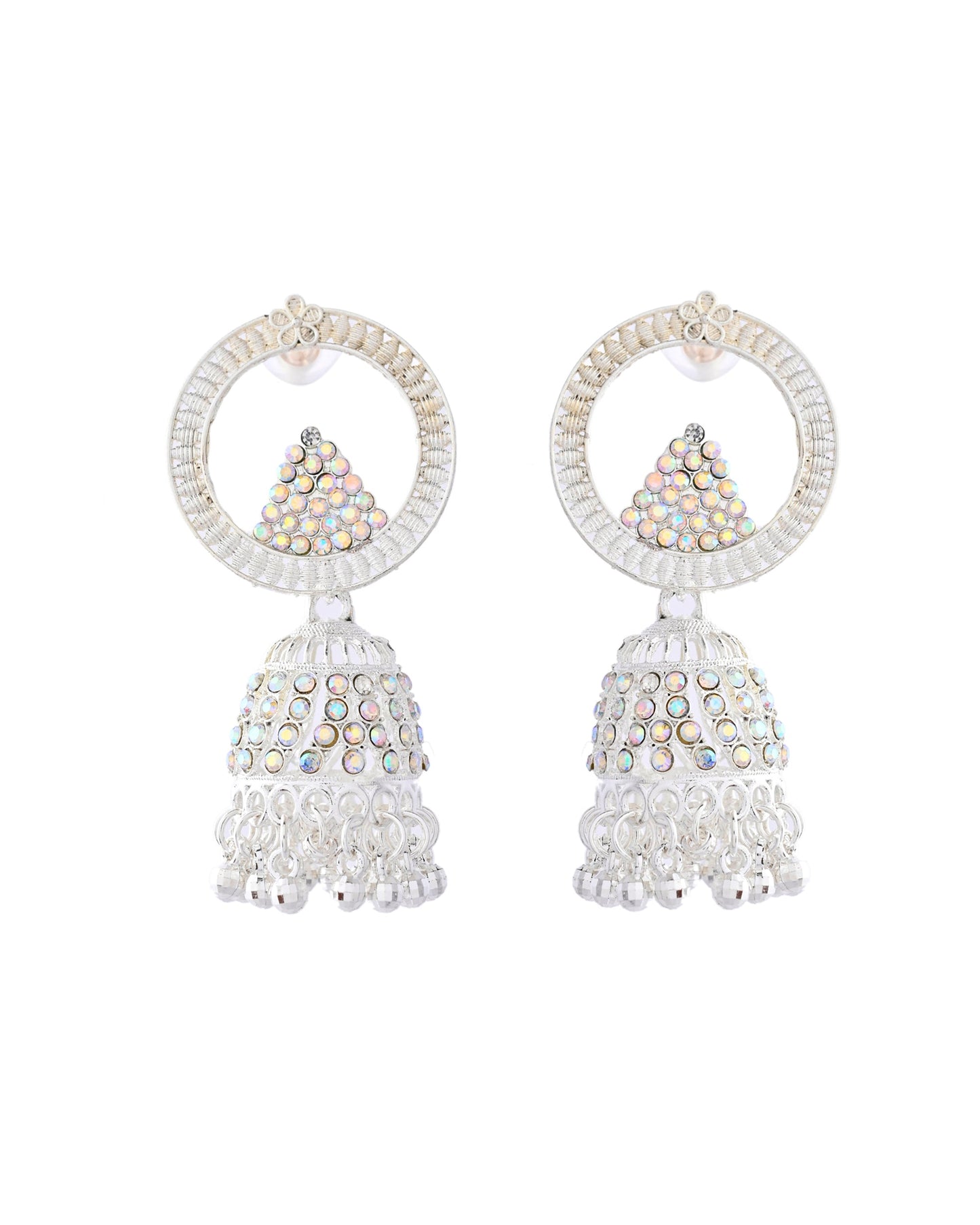 Jewels Nest Silver-Plated Crystal Embellished Jhumka Earrings with Circular Hoops - Swadesiicart