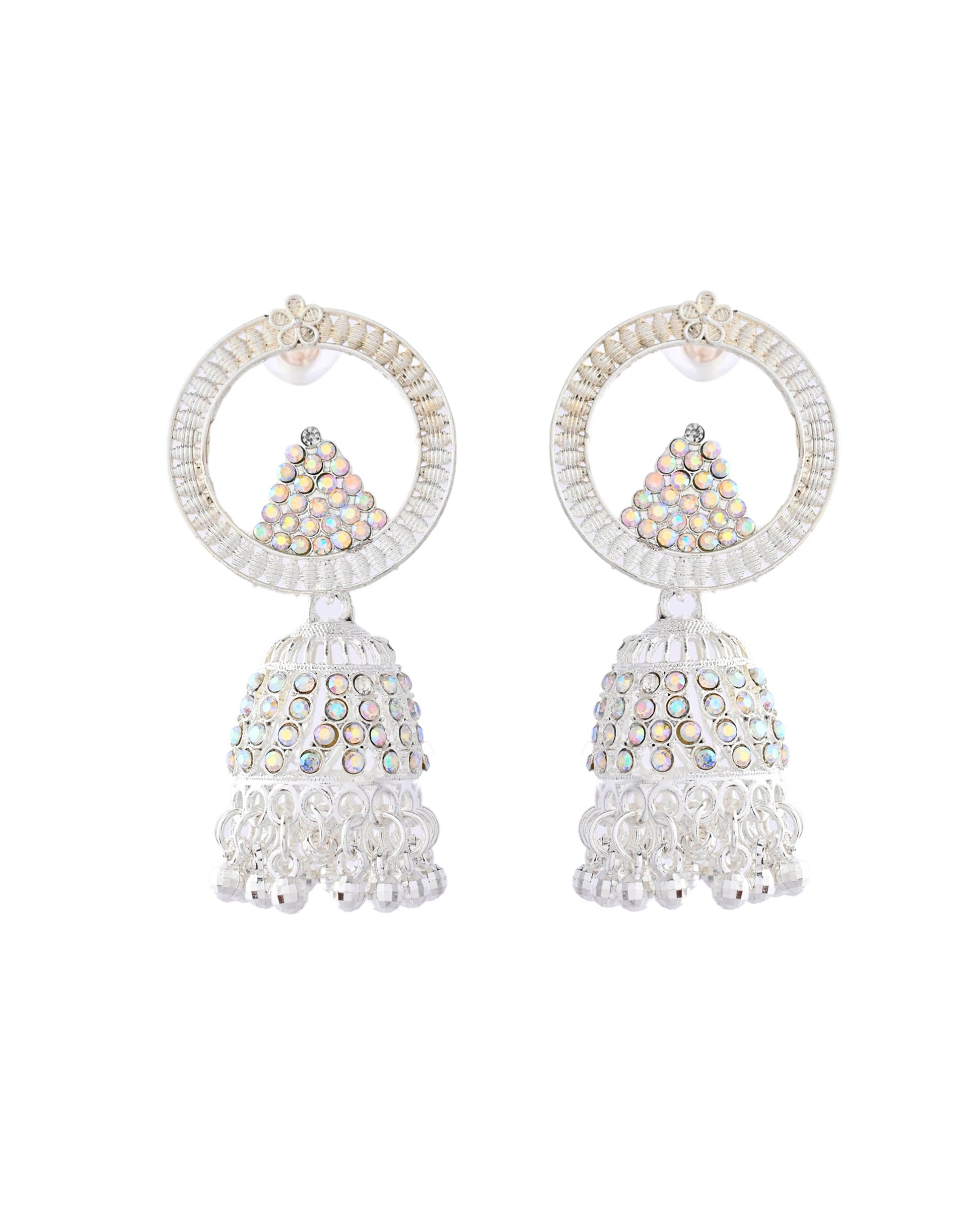 Jewels Nest Silver-Plated Crystal Embellished Jhumka Earrings with Circular Hoops - Swadesiicart