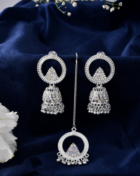 Jewels Nest Silver-Plated Crystal Embellished Jhumka Earrings with Circular Hoops - Swadesiicart