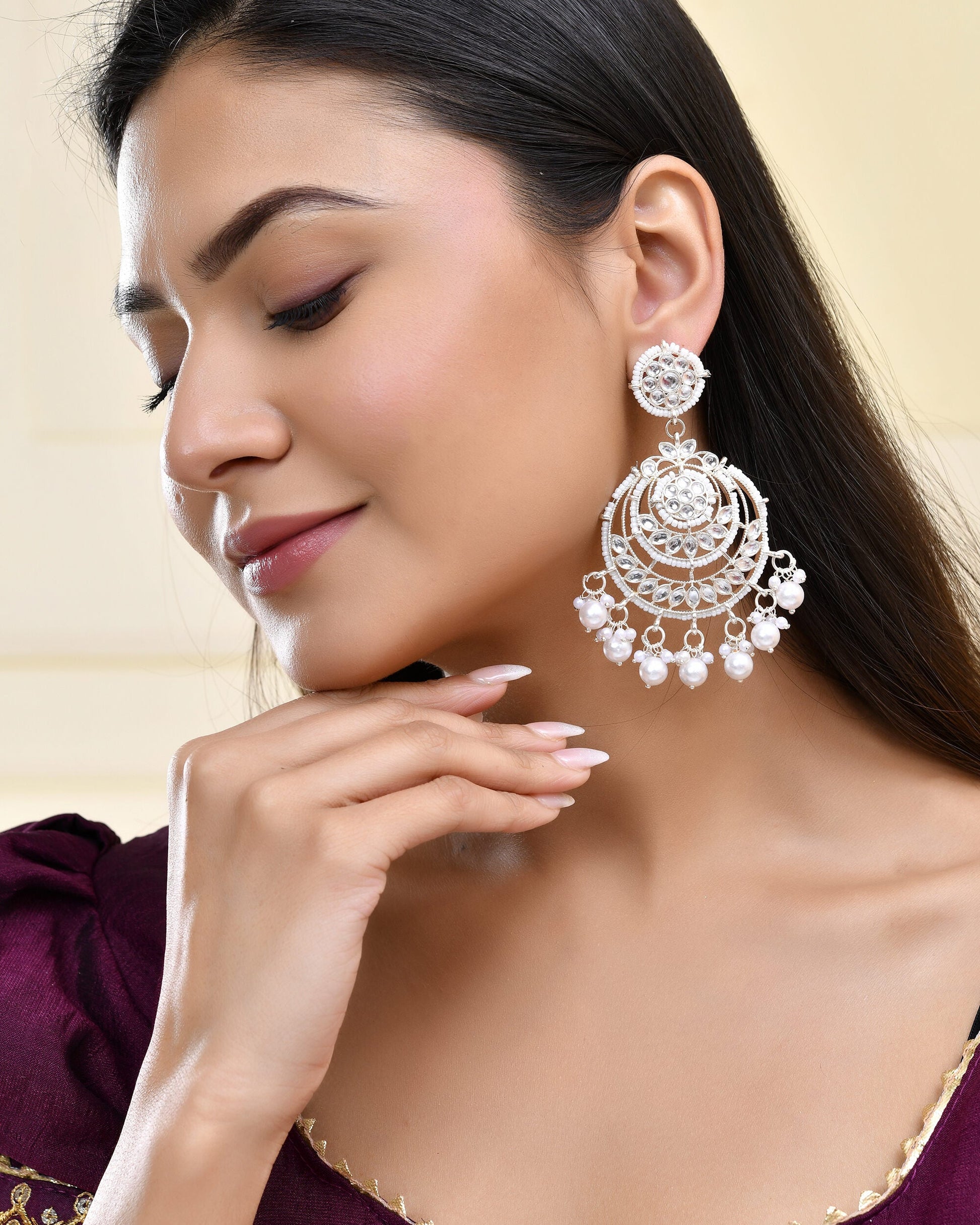 Jewels Nest Silver-Plated Grand Chandbali Earrings with Pearl and Kundan Work - Swadesiicart