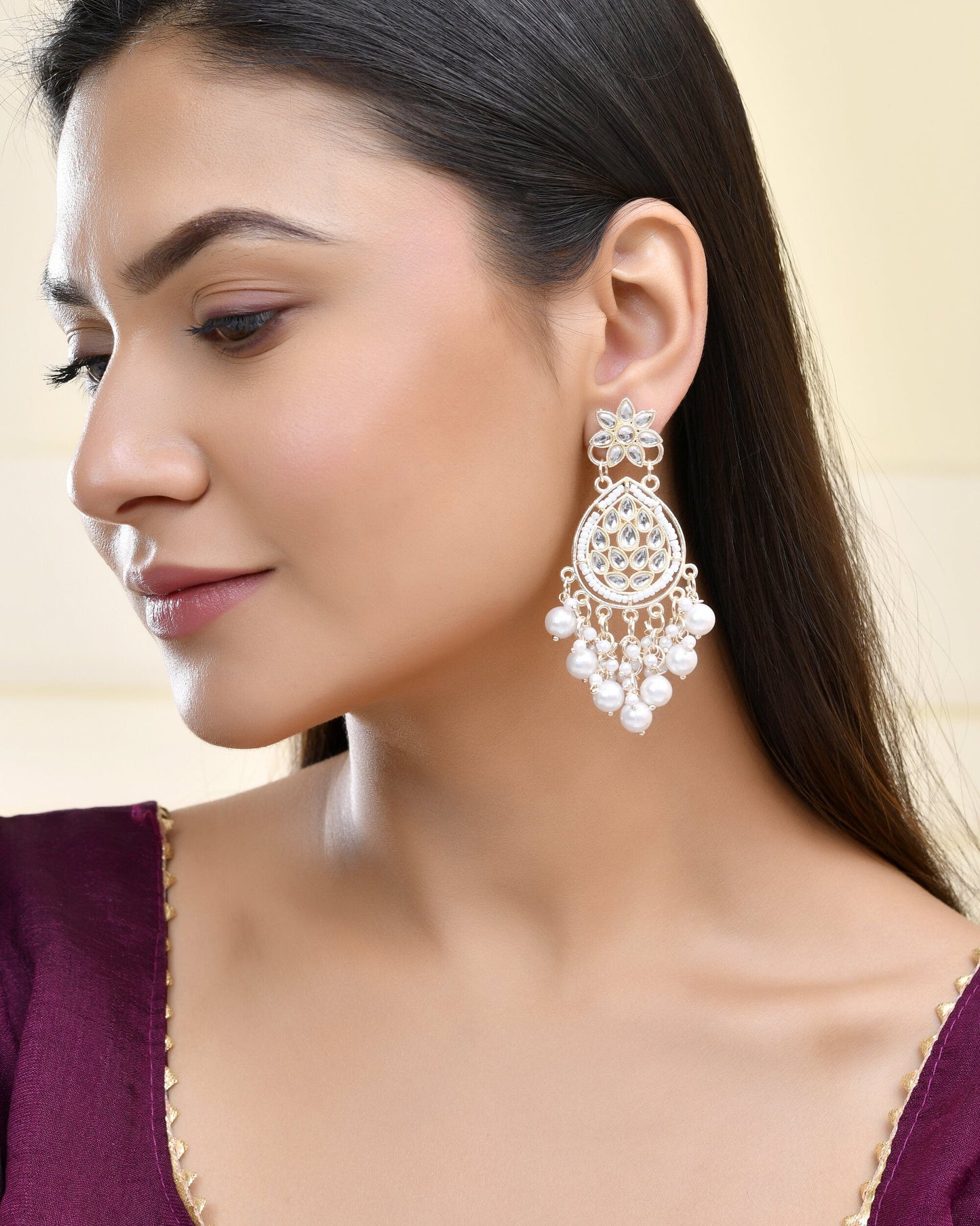 Jewels Nest Pearl-Embellished Kundan Teardrop Earrings with Floral Detailing - Swadesiicart