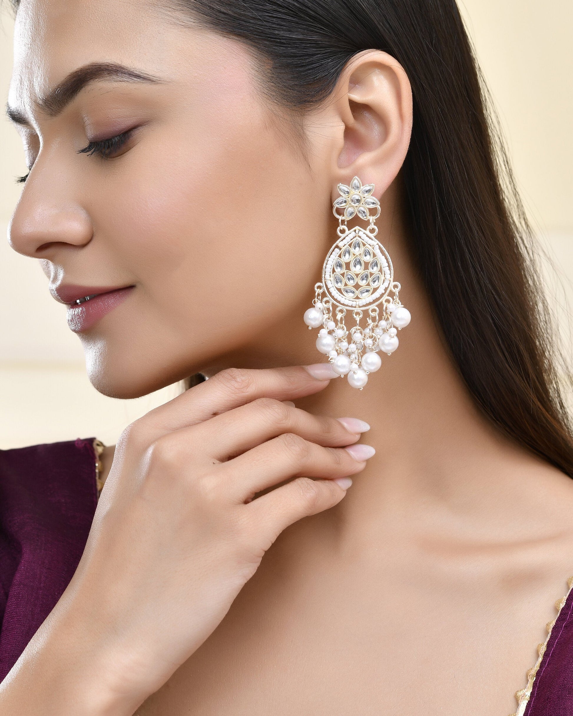 Jewels Nest Pearl-Embellished Kundan Teardrop Earrings with Floral Detailing - Swadesiicart