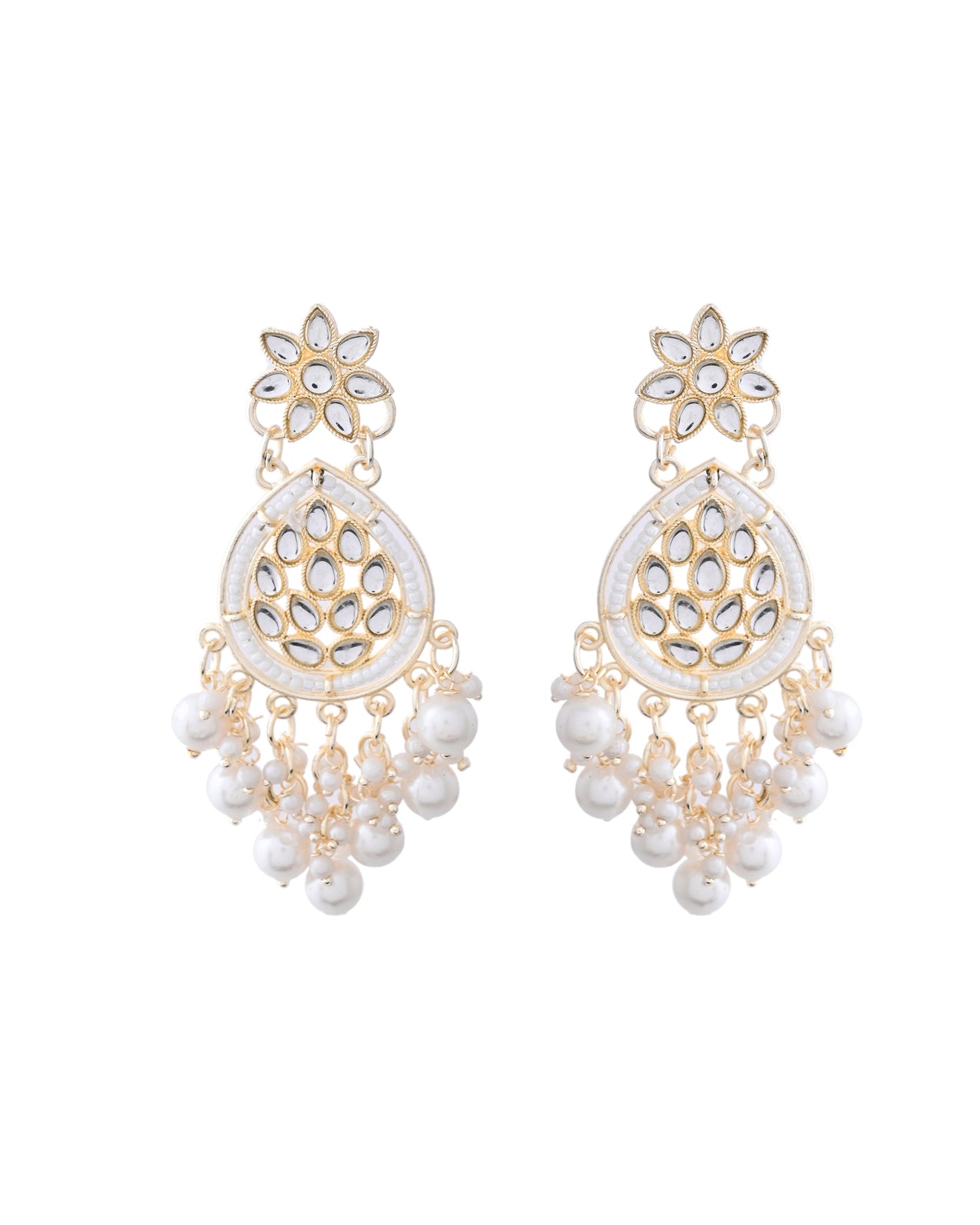 Jewels Nest Pearl-Embellished Kundan Teardrop Earrings with Floral Detailing - Swadesiicart