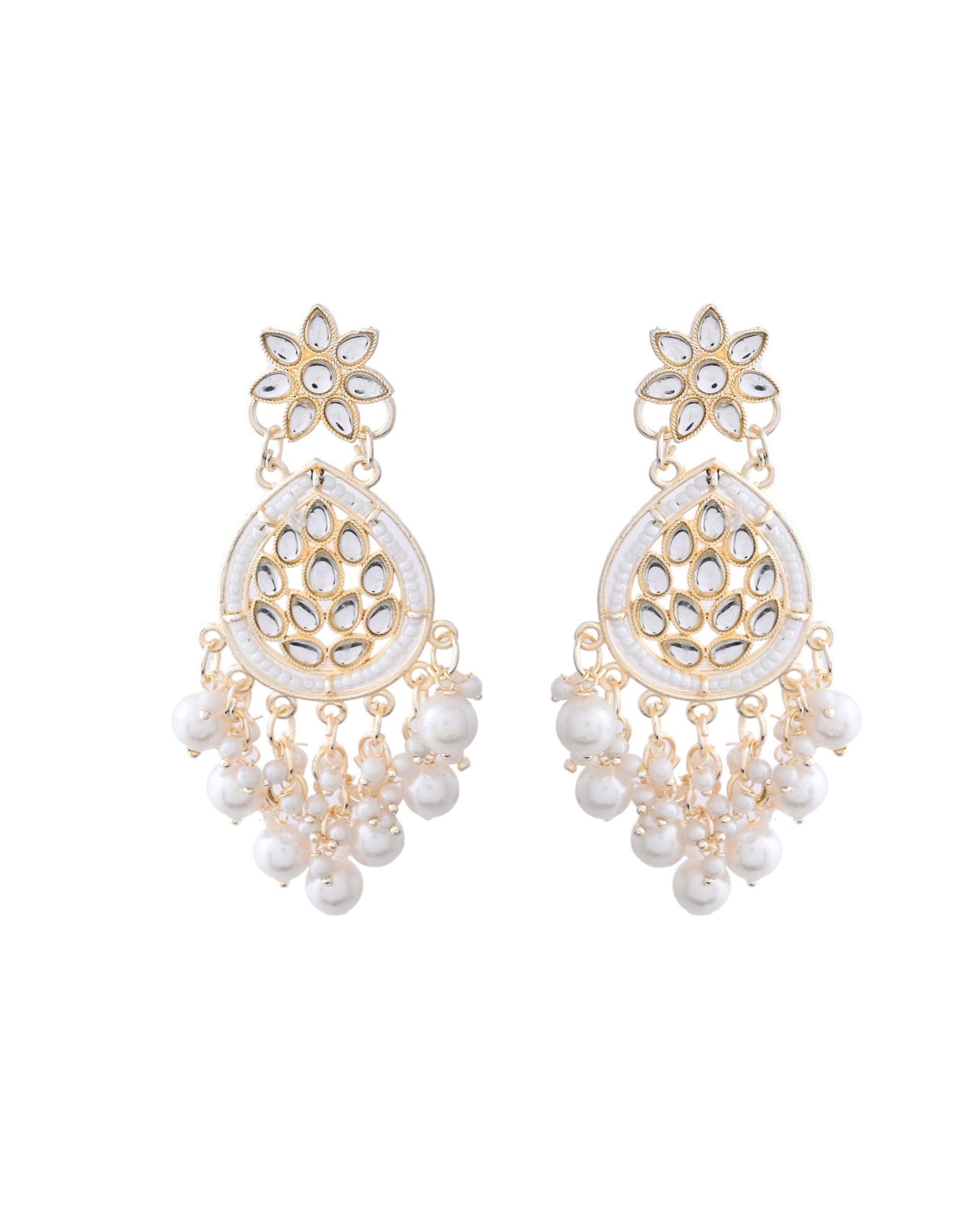 Jewels Nest Pearl-Embellished Kundan Teardrop Earrings with Floral Detailing - Swadesiicart