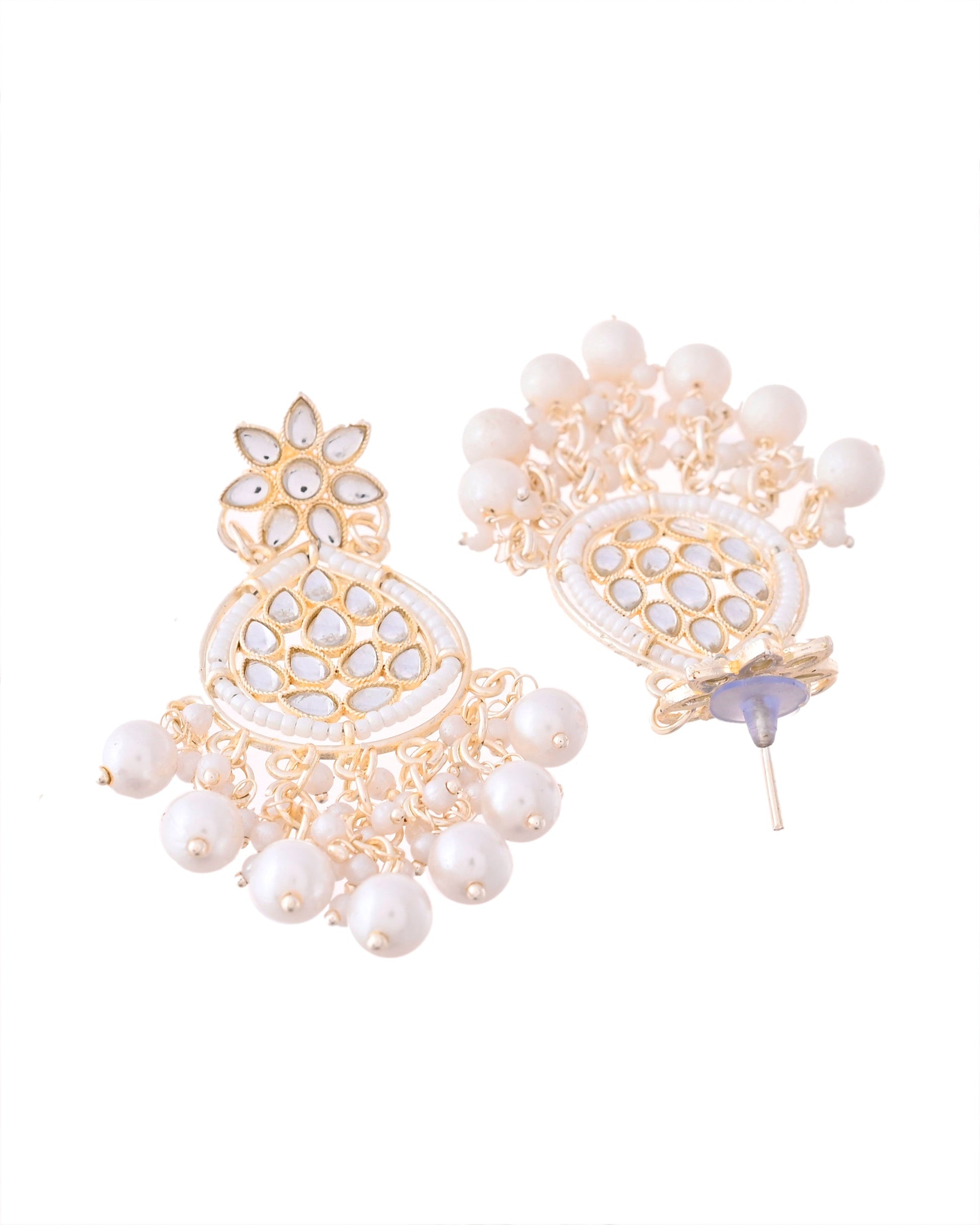 Jewels Nest Pearl-Embellished Kundan Teardrop Earrings with Floral Detailing - Swadesiicart