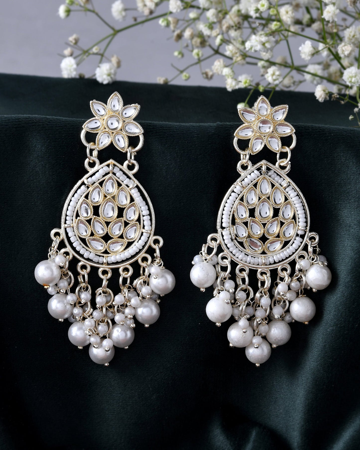 Jewels Nest Pearl-Embellished Kundan Teardrop Earrings with Floral Detailing - Swadesiicart