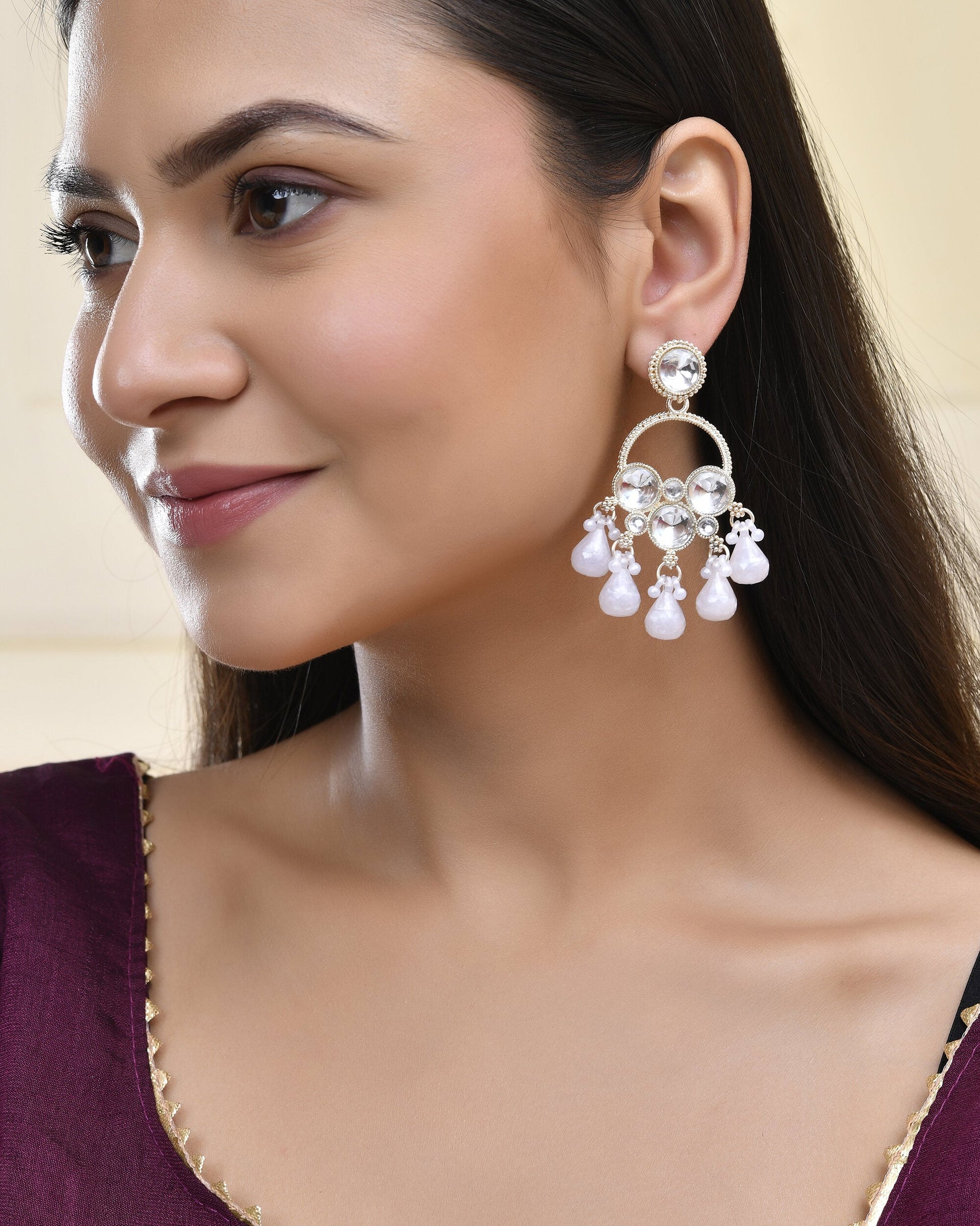 Jewels Nest Gold-Polished Hoop Earrings with Kundan and Pearl Hangings - Swadesiicart