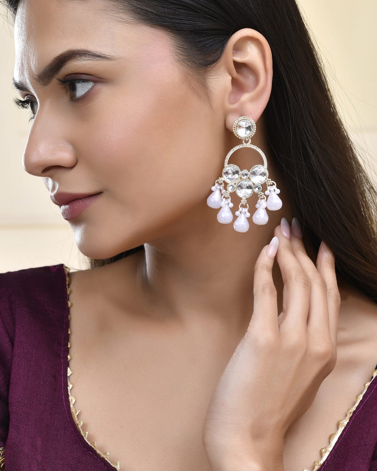 Jewels Nest Gold-Polished Hoop Earrings with Kundan and Pearl Hangings - Swadesiicart