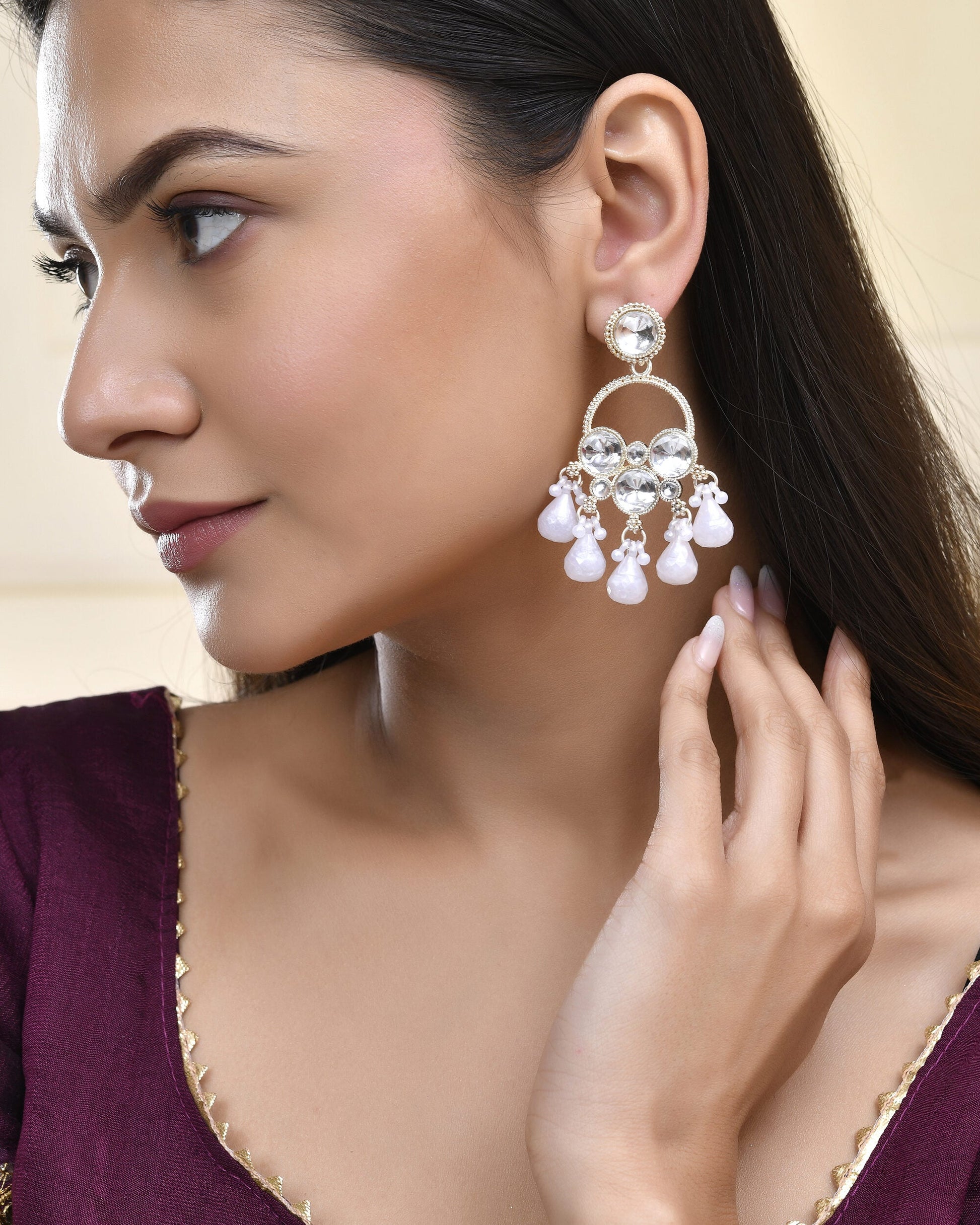 Jewels Nest Gold-Polished Hoop Earrings with Kundan and Pearl Hangings - Swadesiicart