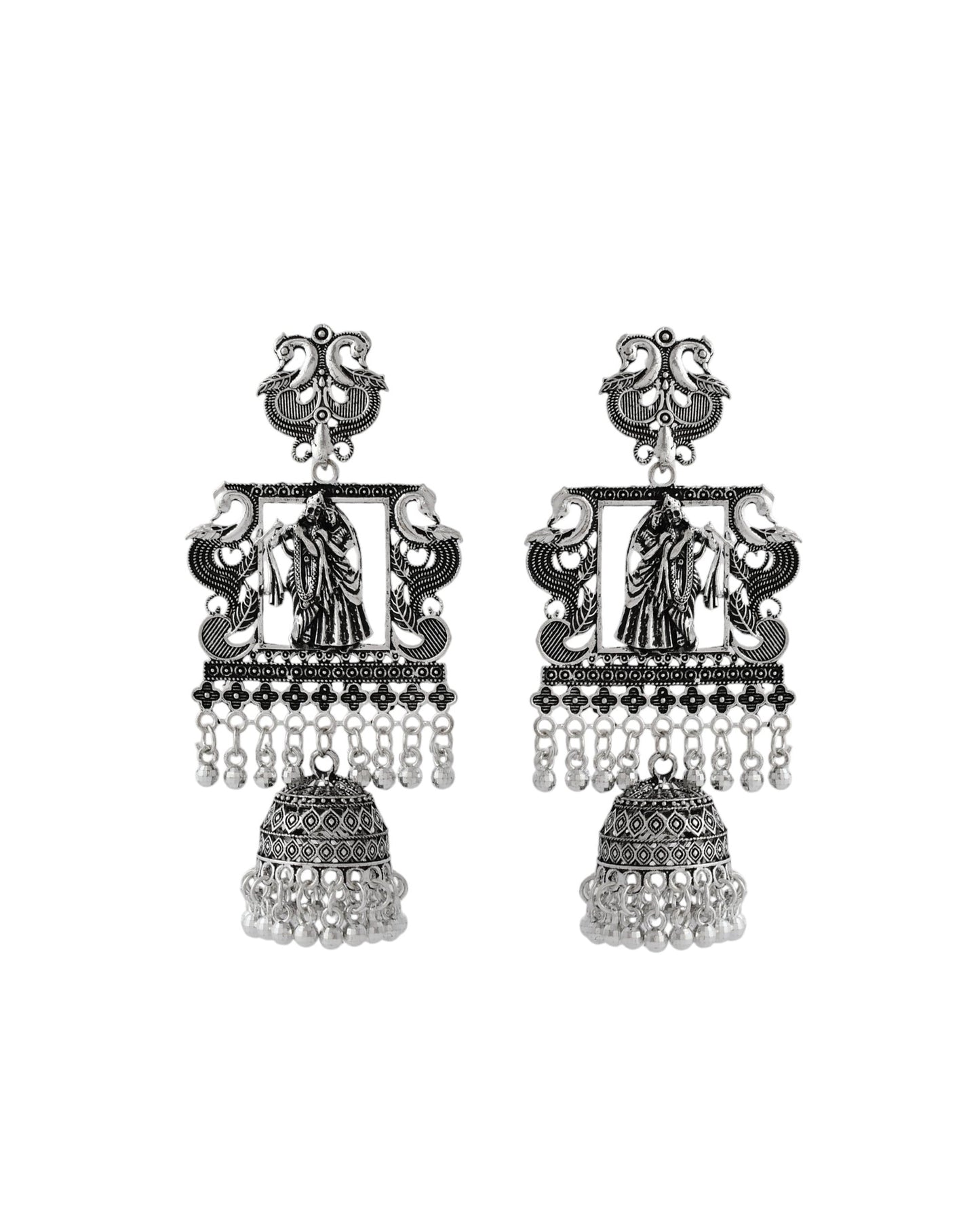 Jewels Nest Antique Silver Temple Jhumka Earrings with Intricate Detailing - Swadesiicart