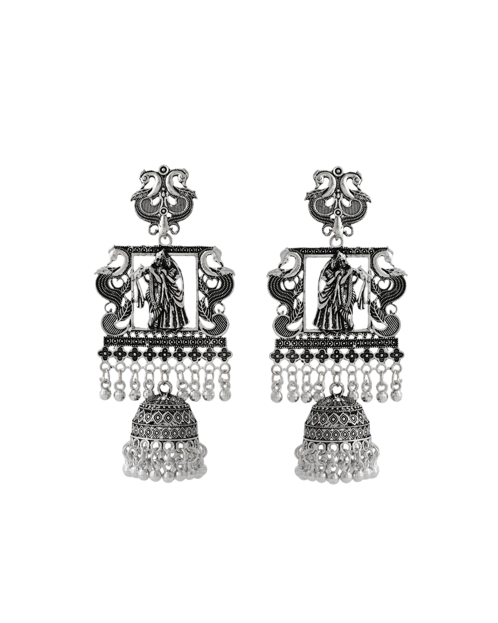 Jewels Nest Antique Silver Temple Jhumka Earrings with Intricate Detailing - Swadesiicart