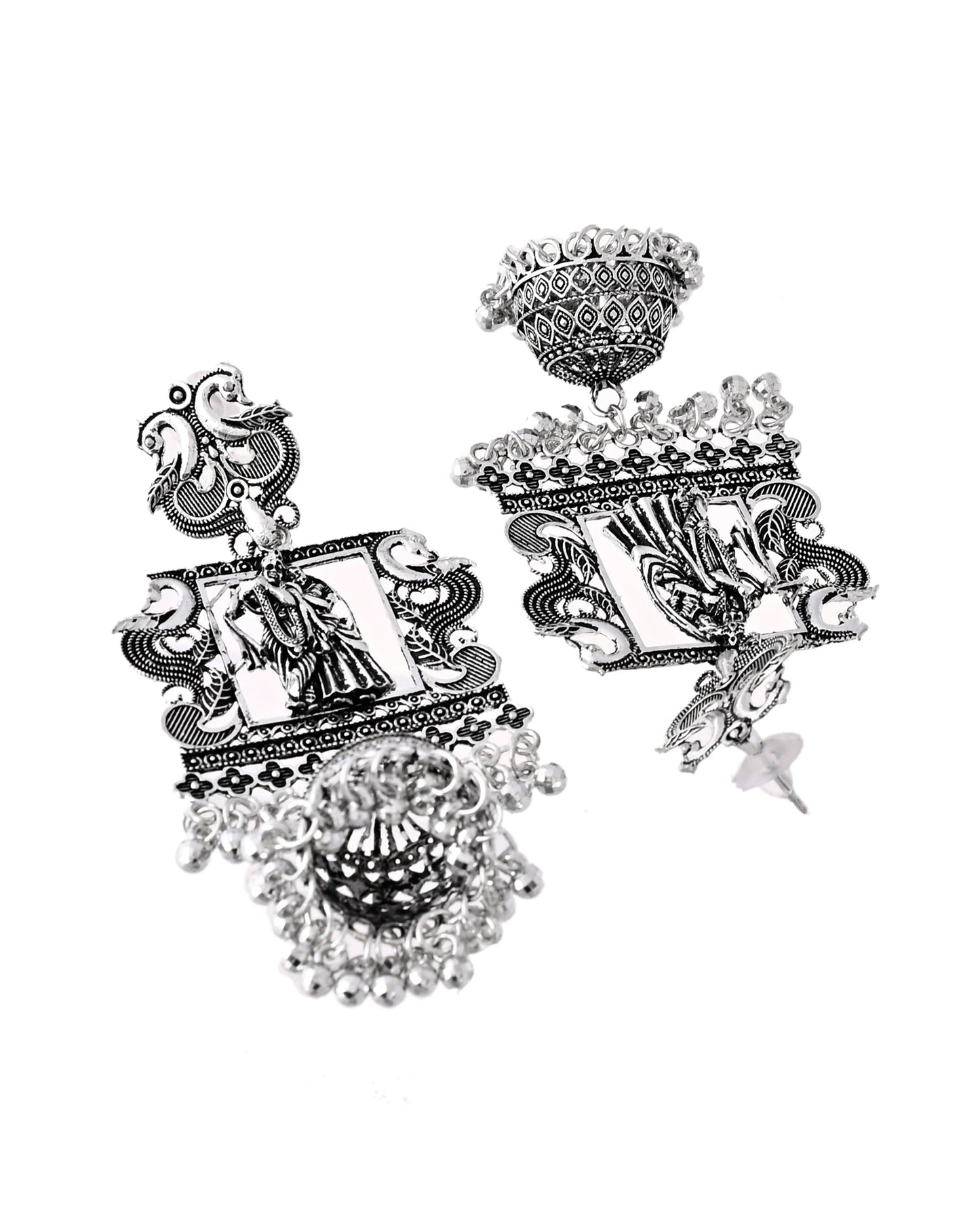 Jewels Nest Antique Silver Temple Jhumka Earrings with Intricate Detailing - Swadesiicart
