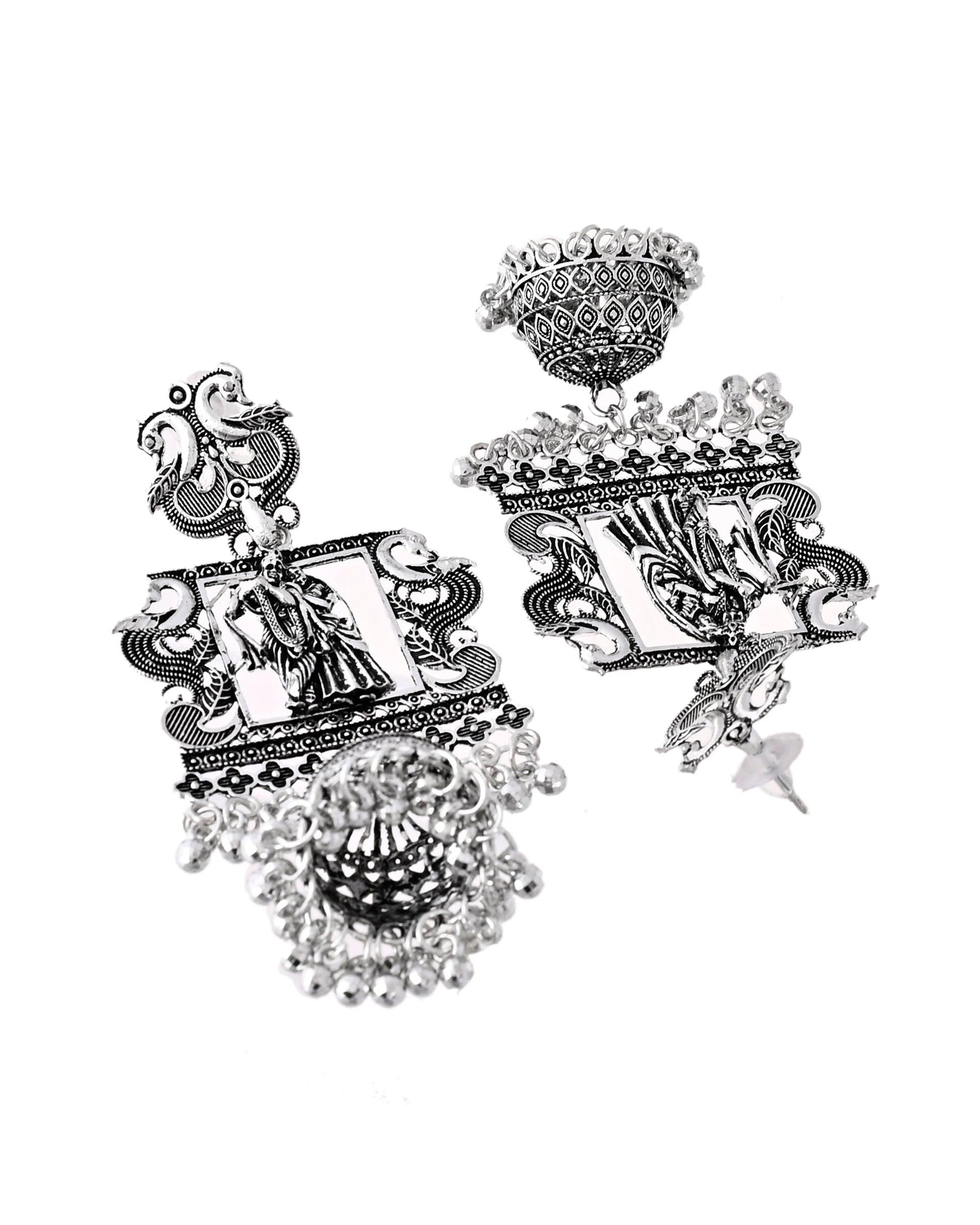 Jewels Nest Antique Silver Temple Jhumka Earrings with Intricate Detailing - Swadesiicart