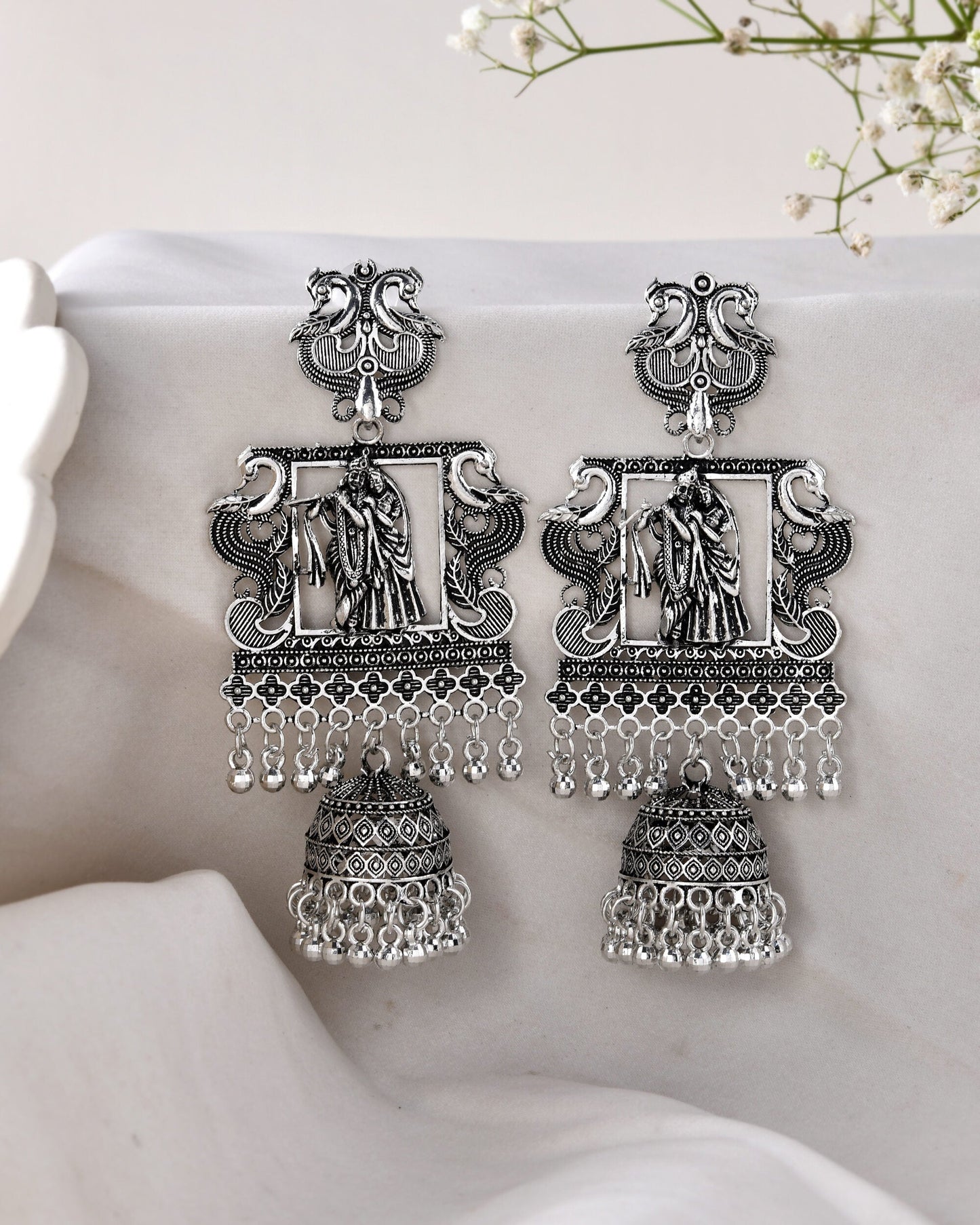 Jewels Nest Antique Silver Temple Jhumka Earrings with Intricate Detailing - Swadesiicart