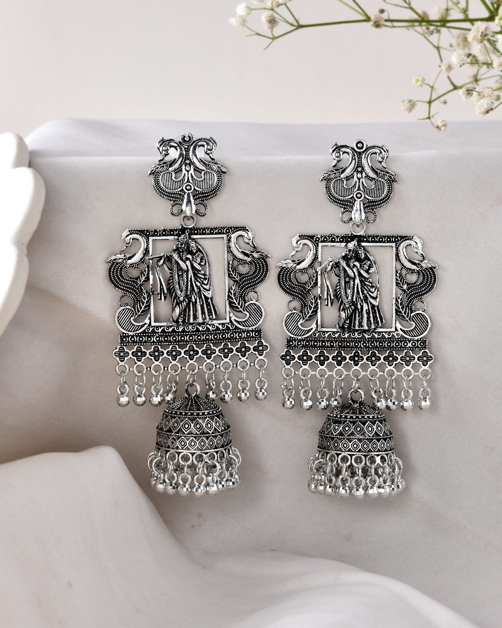 Jewels Nest Antique Silver Temple Jhumka Earrings with Intricate Detailing - Swadesiicart