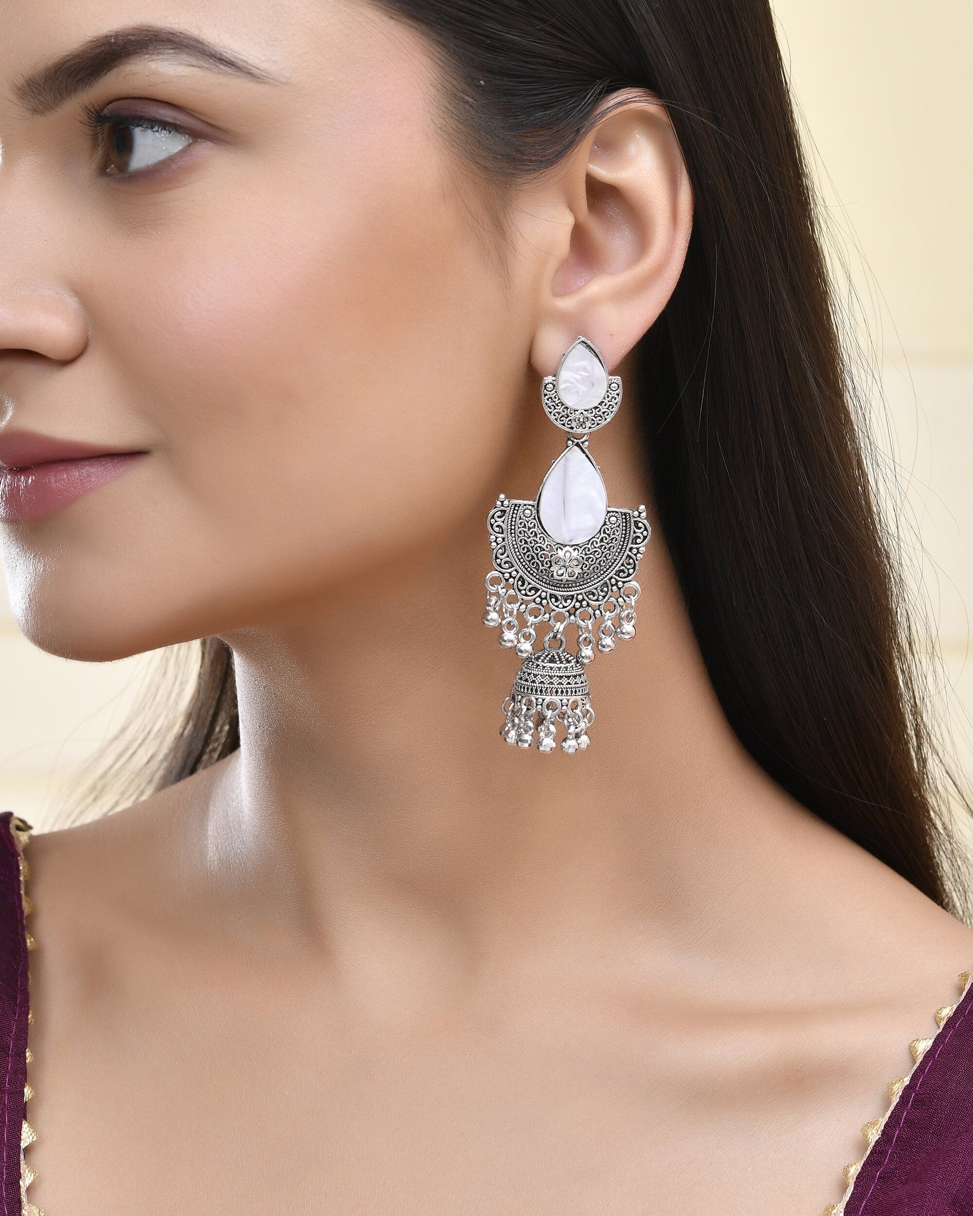 Jewels Nest Oxidized Silver Half Moon Jhumka Earrings with Intricate Design - Swadesiicart