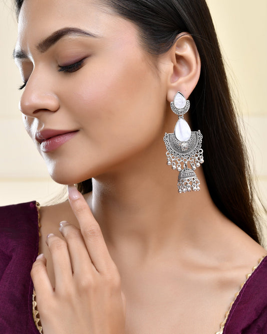Jewels Nest Oxidized Silver Half Moon Jhumka Earrings with Intricate Design - Swadesiicart