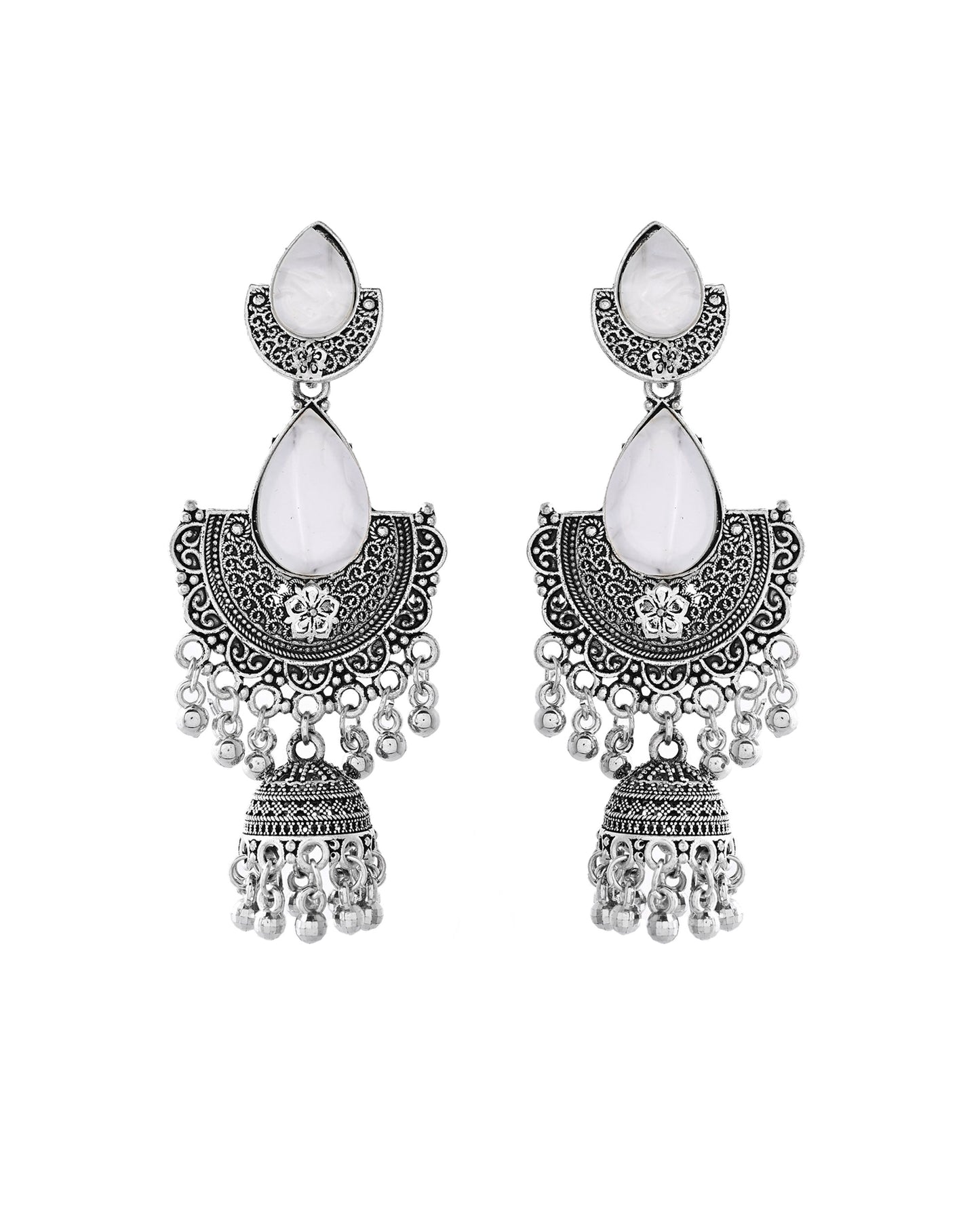 Jewels Nest Oxidized Silver Half Moon Jhumka Earrings with Intricate Design - Swadesiicart