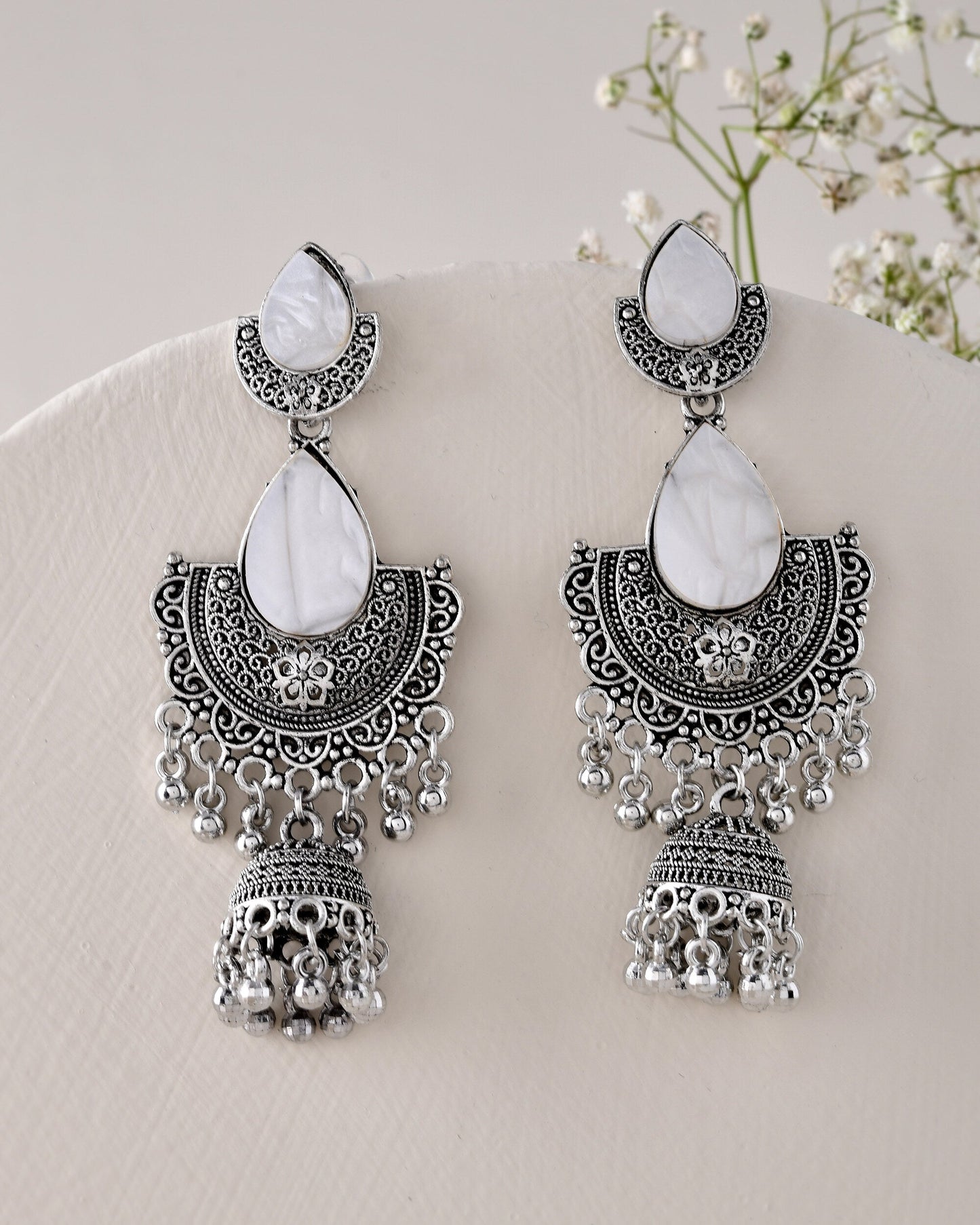 Jewels Nest Oxidized Silver Half Moon Jhumka Earrings with Intricate Design - Swadesiicart