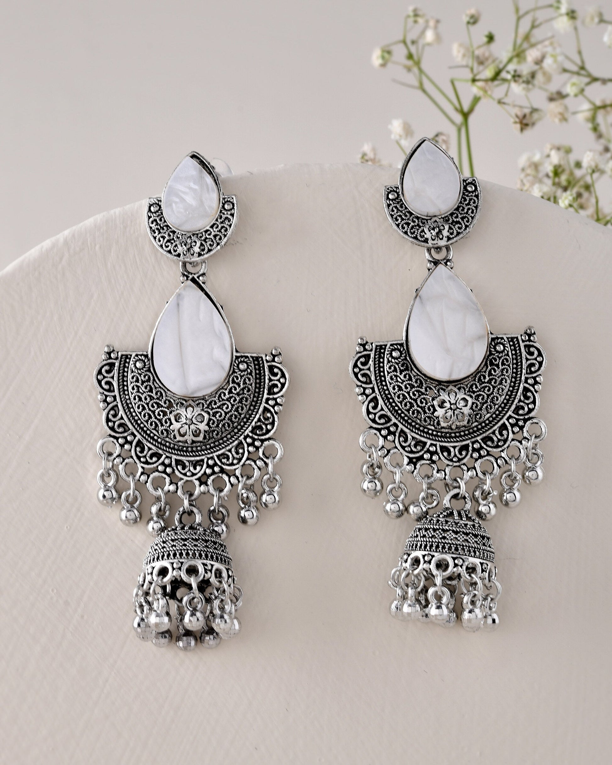 Jewels Nest Oxidized Silver Half Moon Jhumka Earrings with Intricate Design - Swadesiicart