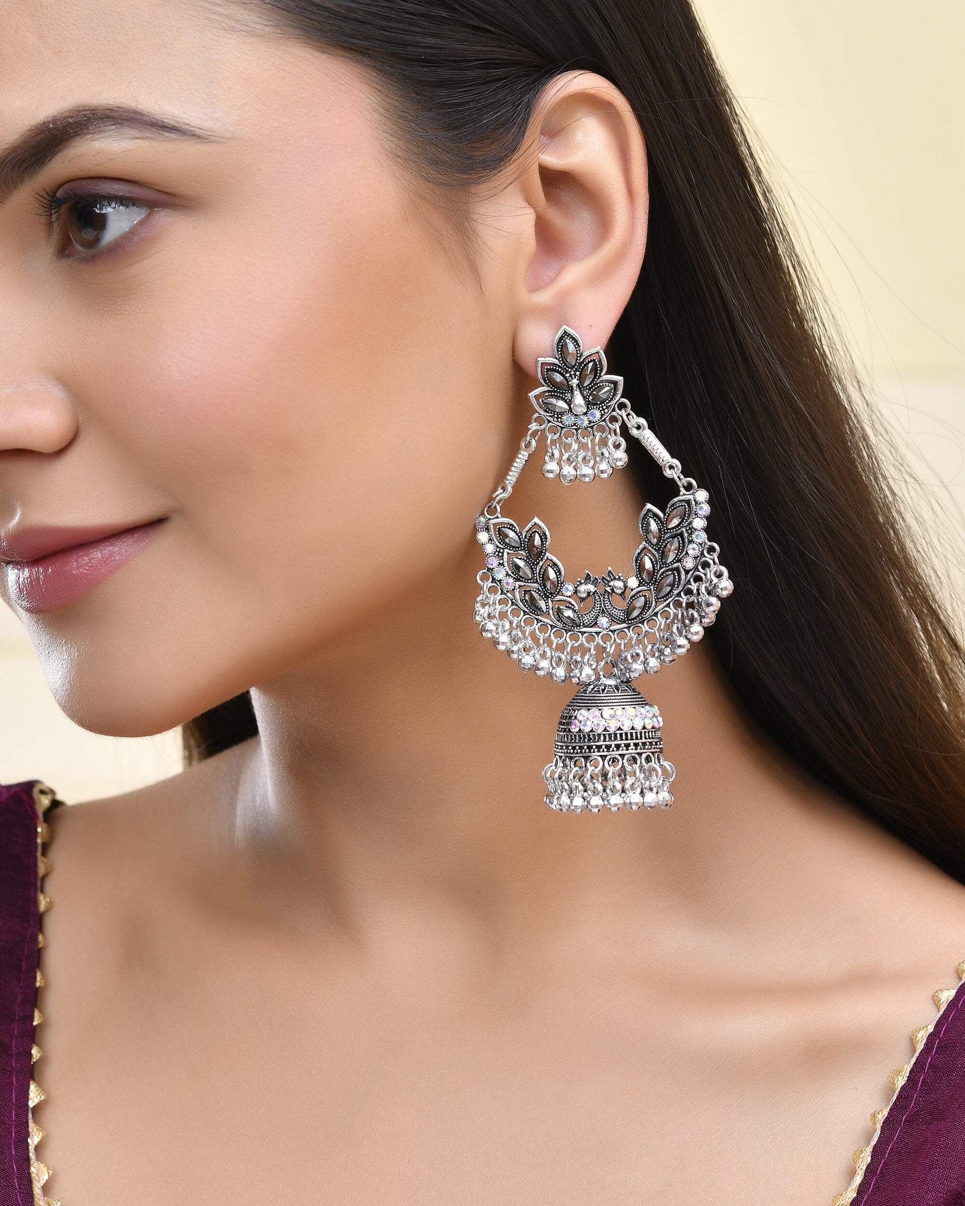 Jewels Nest Boho Floral Jhumka Earrings with Iridescent Stones - Swadesiicart
