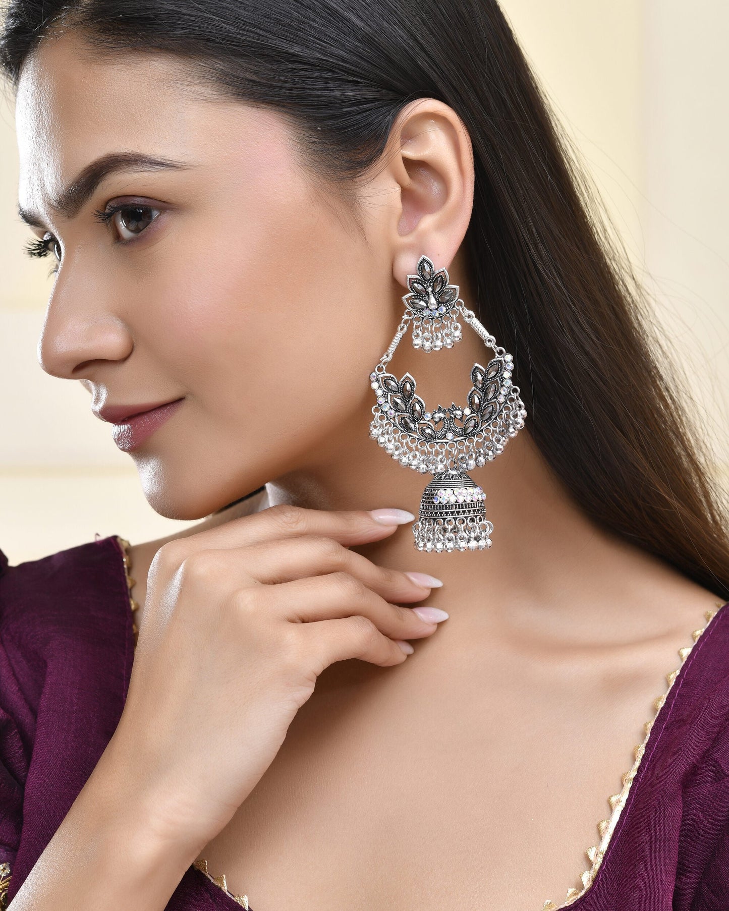 Jewels Nest Boho Floral Jhumka Earrings with Iridescent Stones - Swadesiicart