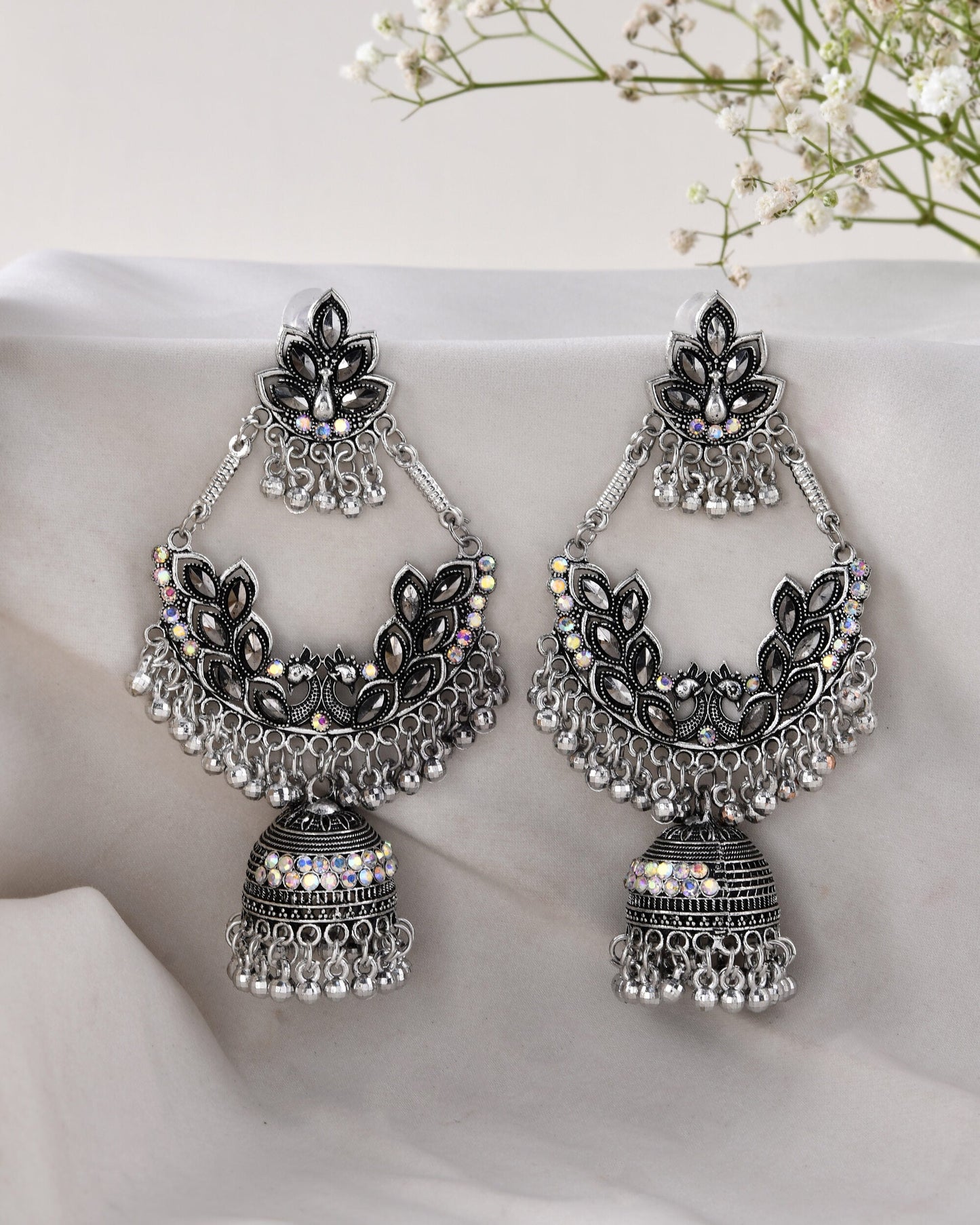 Jewels Nest Boho Floral Jhumka Earrings with Iridescent Stones - Swadesiicart