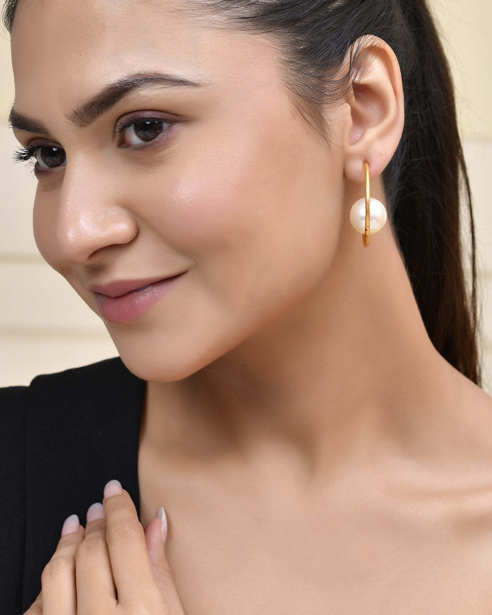 Jewels Nest Golden Halo Pearl Hoops - Swadesiicart