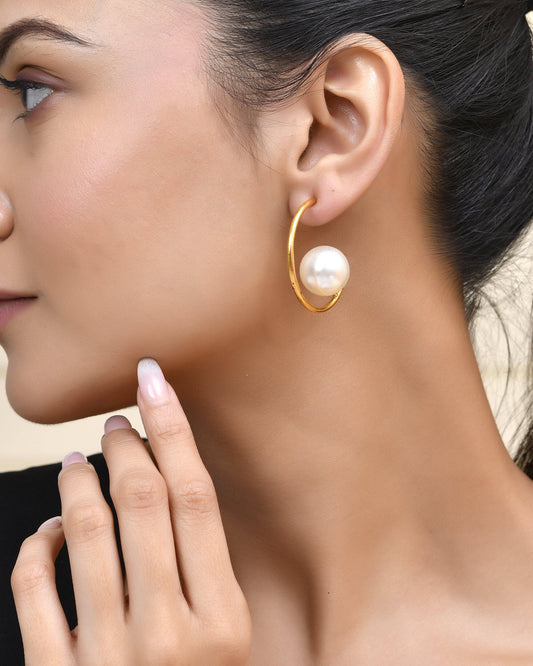 Jewels Nest Golden Halo Pearl Hoops - Swadesiicart