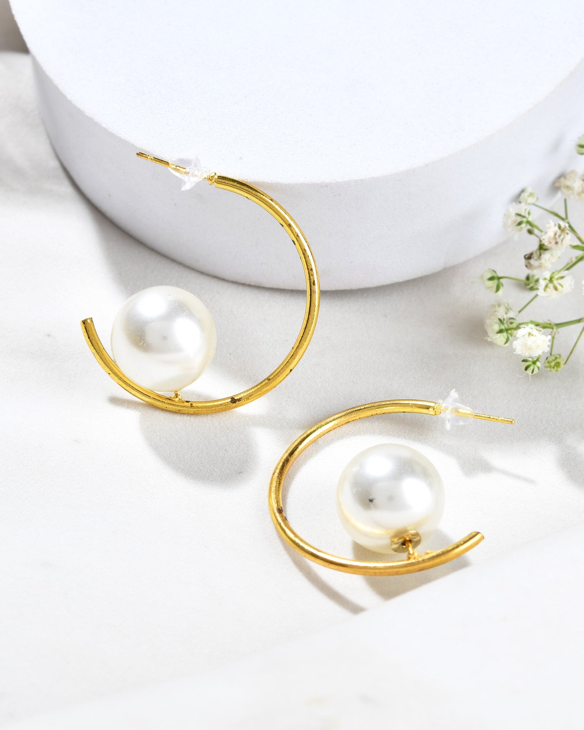Jewels Nest Golden Halo Pearl Hoops - Swadesiicart