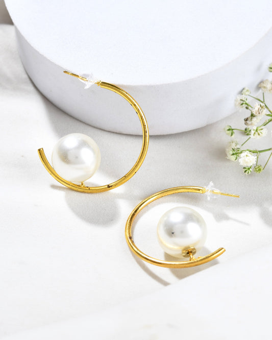 Jewels Nest Golden Halo Pearl Hoops - Swadesiicart