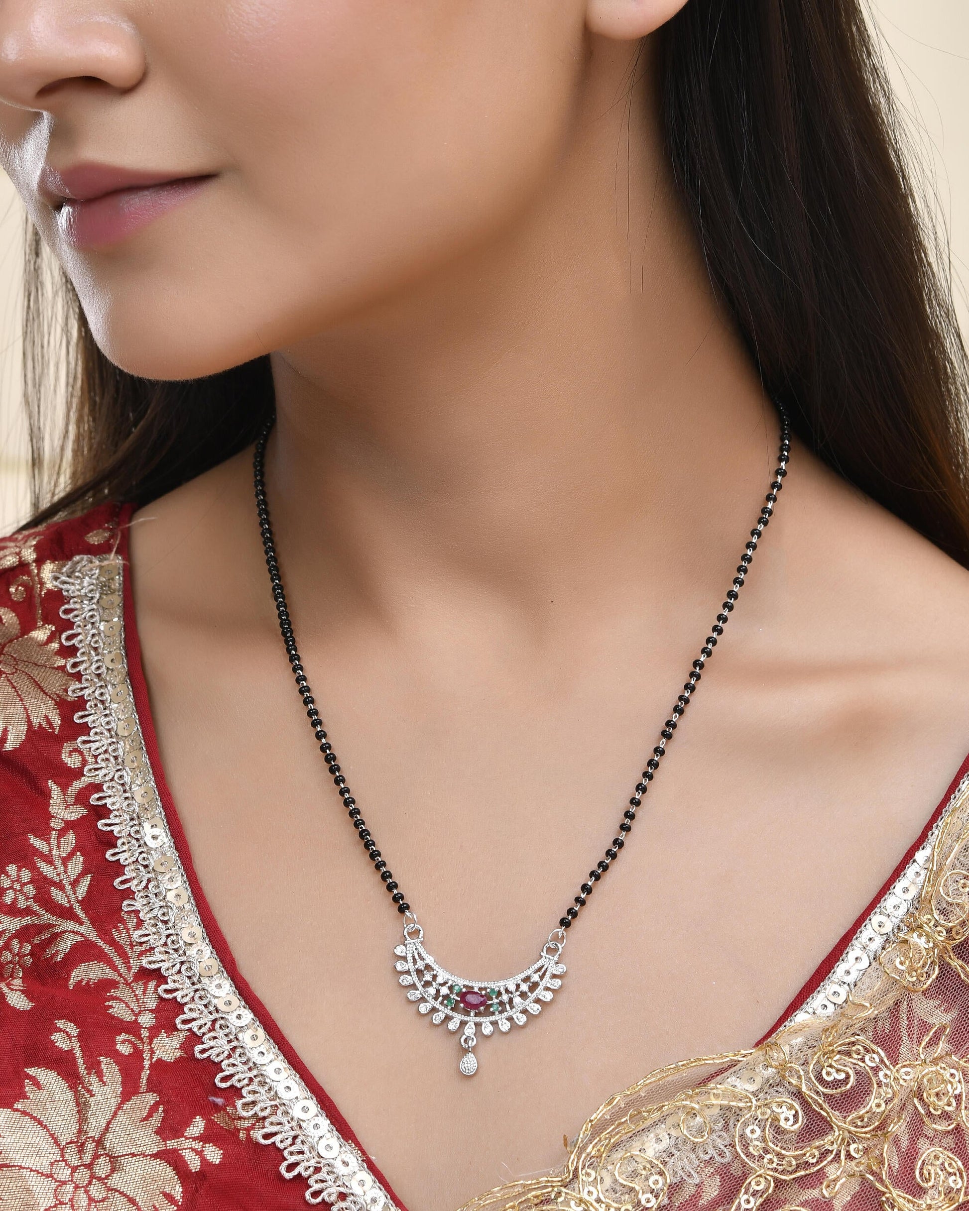 Jewels Nest Elegant Silver-Plated Mangal Sutra with Floral Crystal Pendant | Swadesiicart