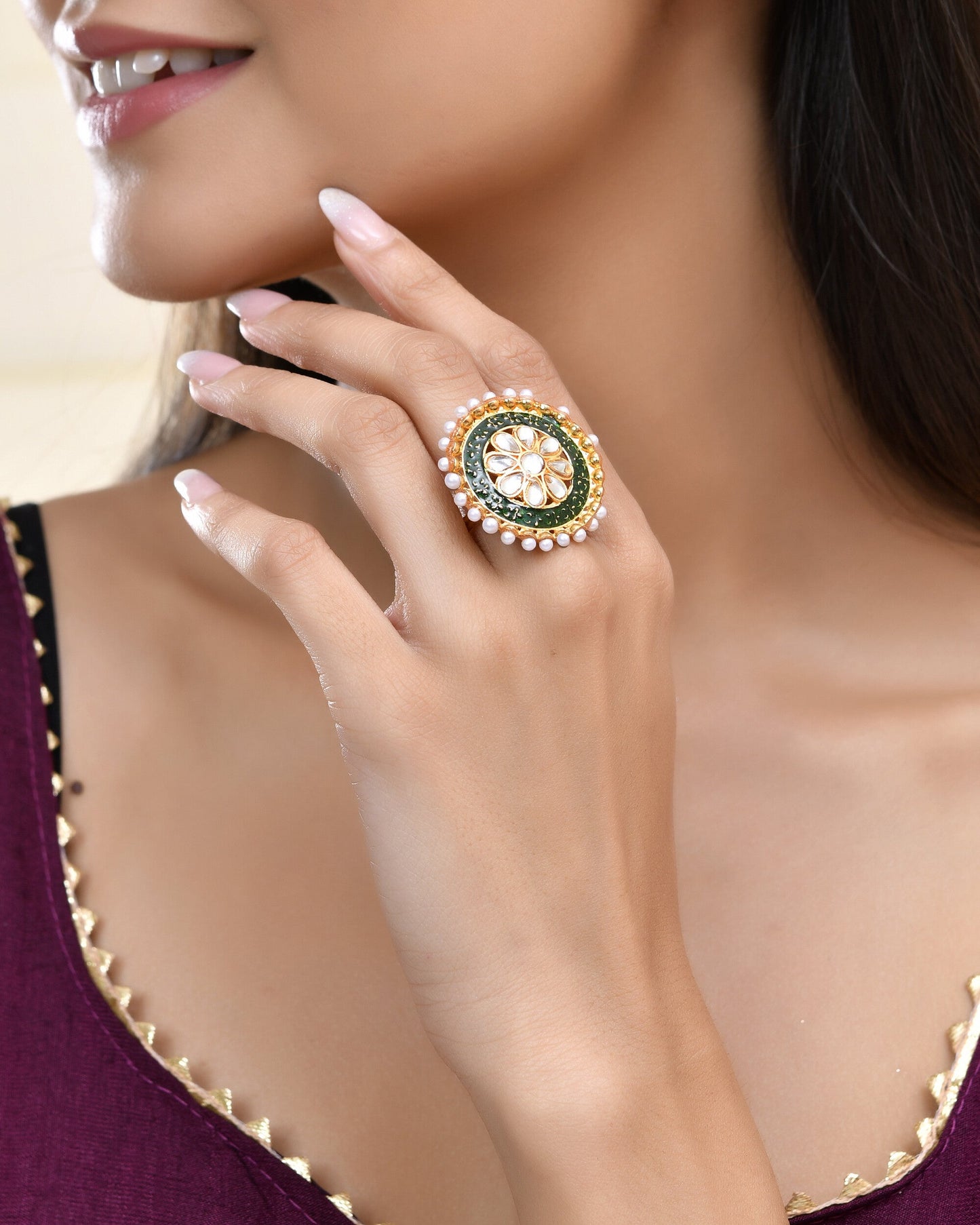 Jewels Nest Exquisite Kundan Meenakari Gold-Polished Rings | Swadesiicart