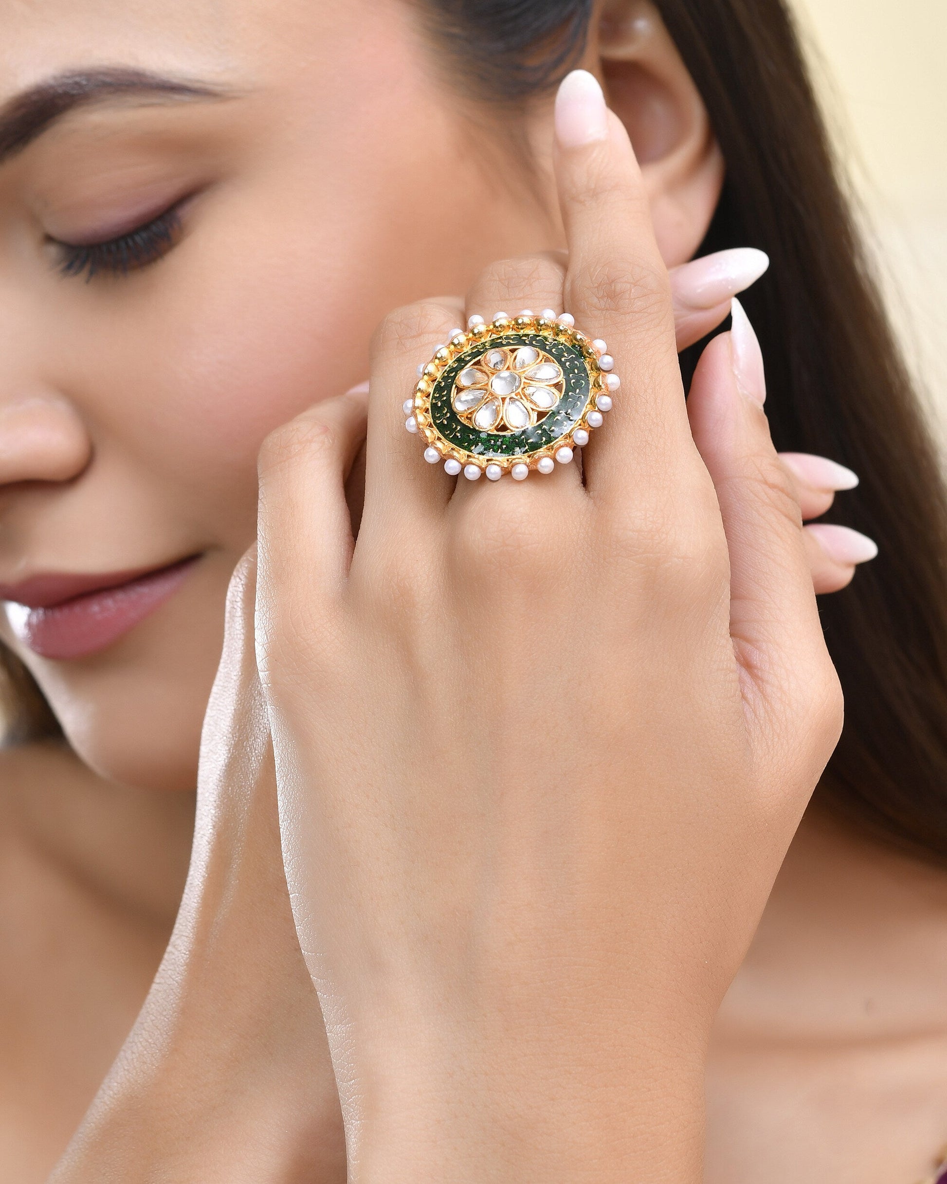 Jewels Nest Exquisite Kundan Meenakari Gold-Polished Rings | Swadesiicart