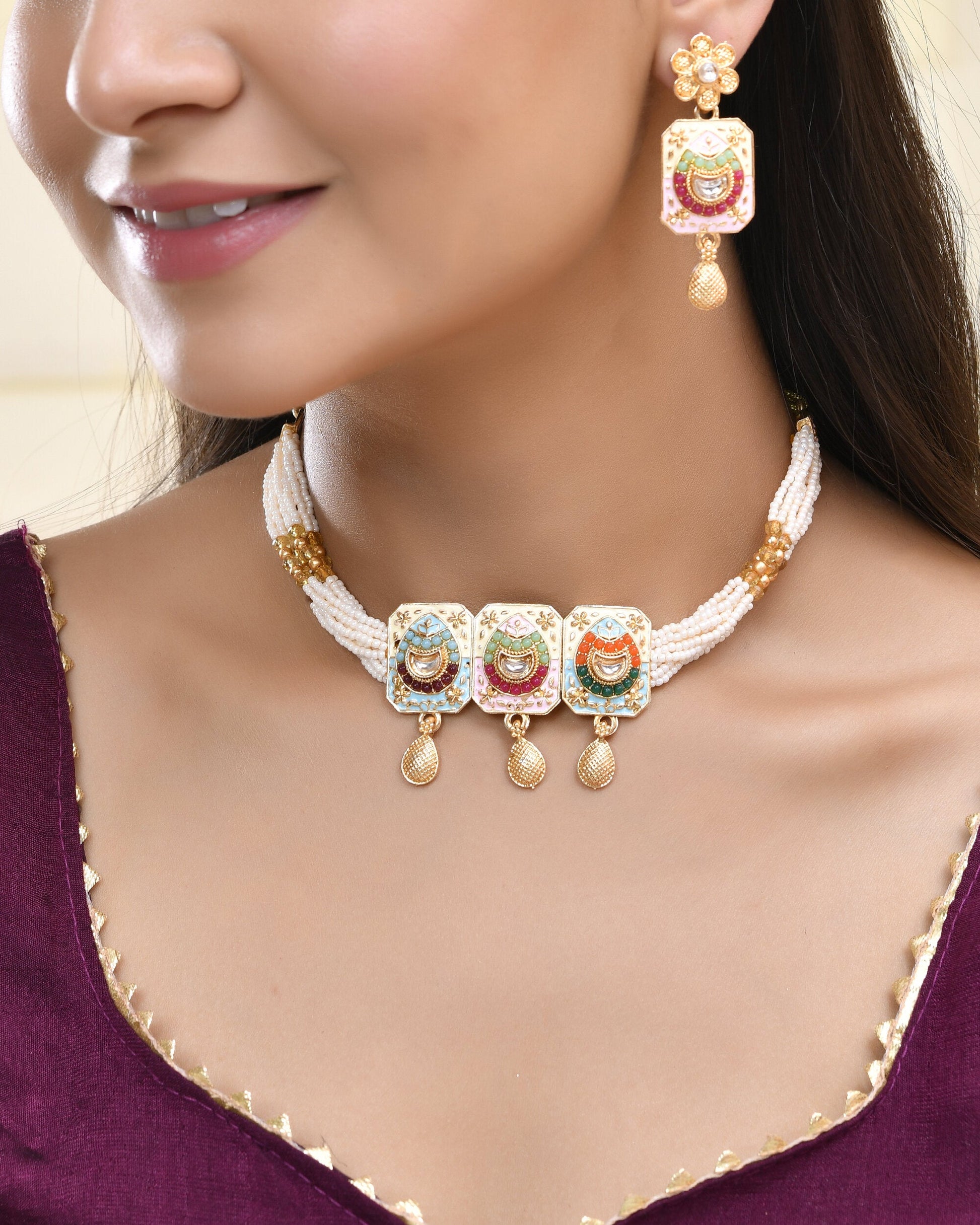 Jewels Nest Traditional Gold-Polished Kundan & Pearl Multi-Color Necklace and Earrings Set for Women - Swadesiicart