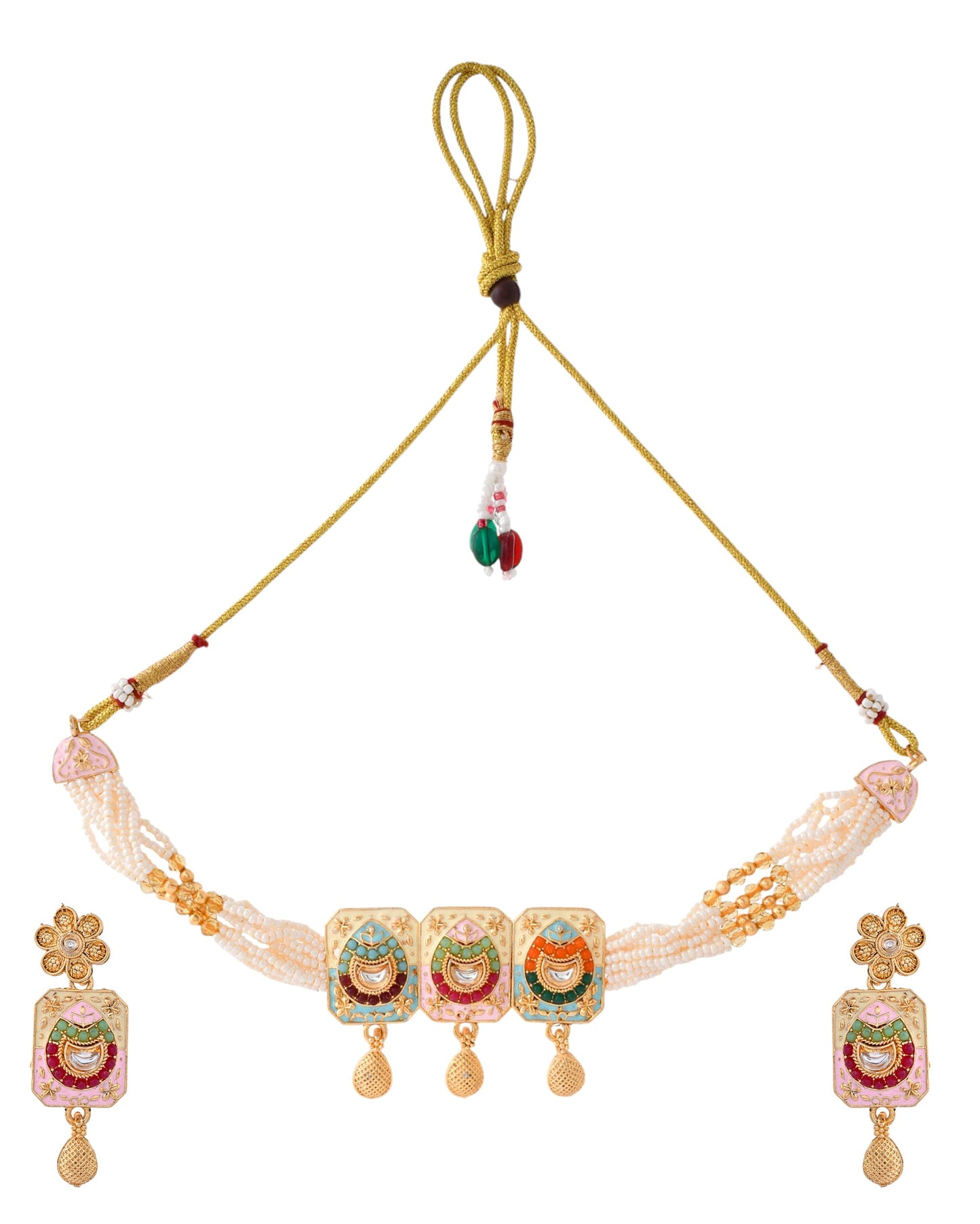 Jewels Nest Traditional Gold-Polished Kundan & Pearl Multi-Color Necklace and Earrings Set for Women - Swadesiicart