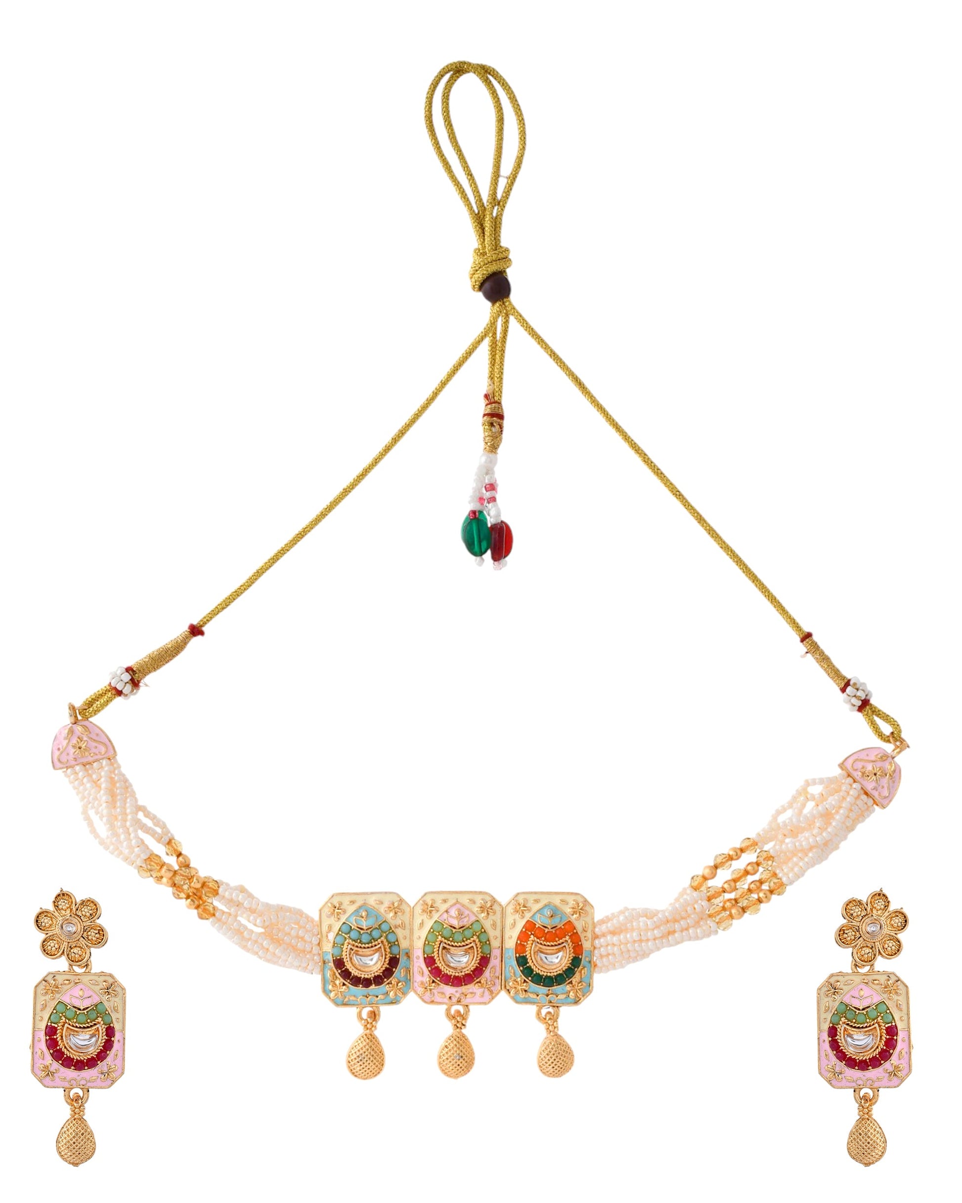 Jewels Nest Traditional Gold-Polished Kundan & Pearl Multi-Color Necklace and Earrings Set for Women - Swadesiicart