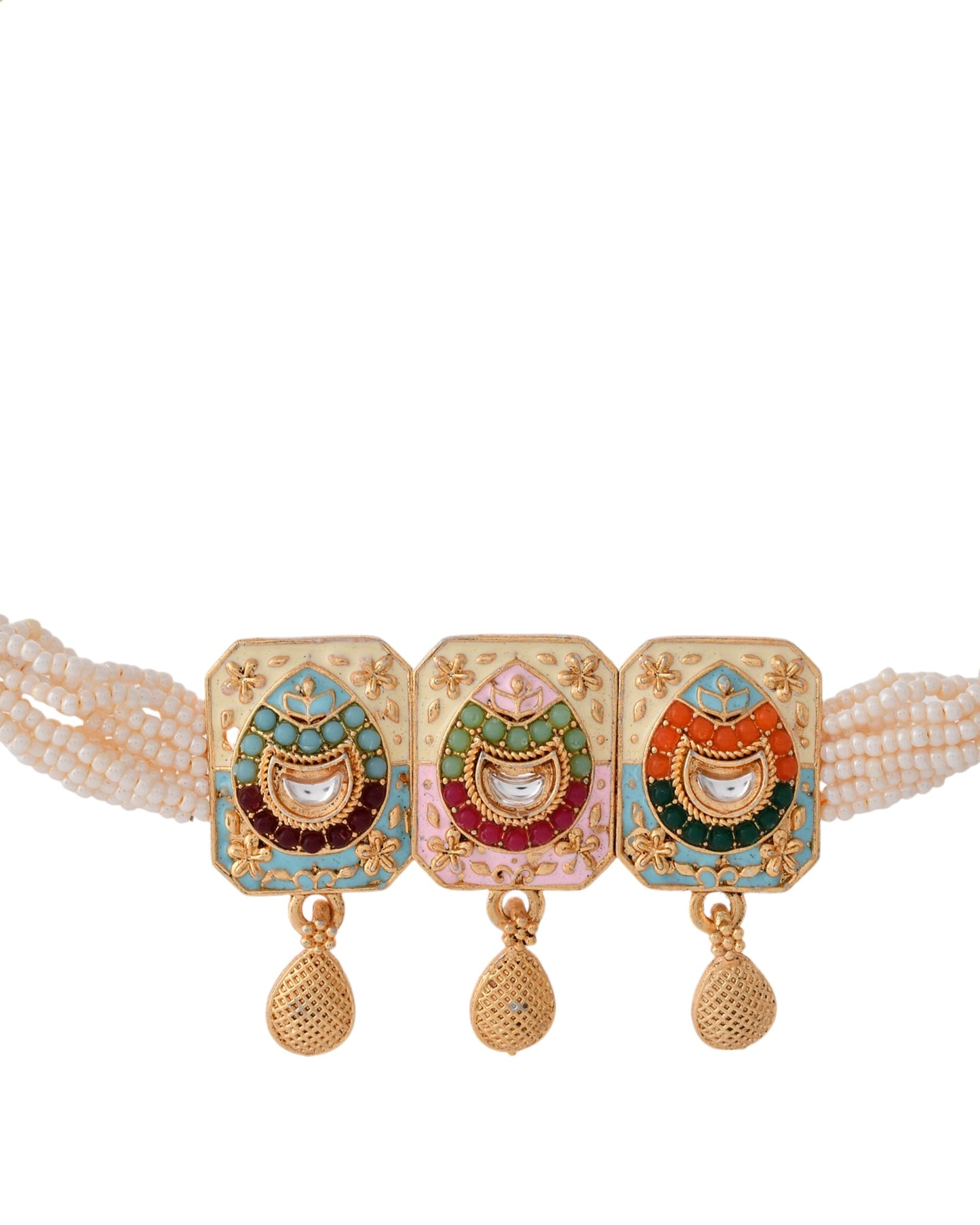 Jewels Nest Traditional Gold-Polished Kundan & Pearl Multi-Color Necklace and Earrings Set for Women - Swadesiicart