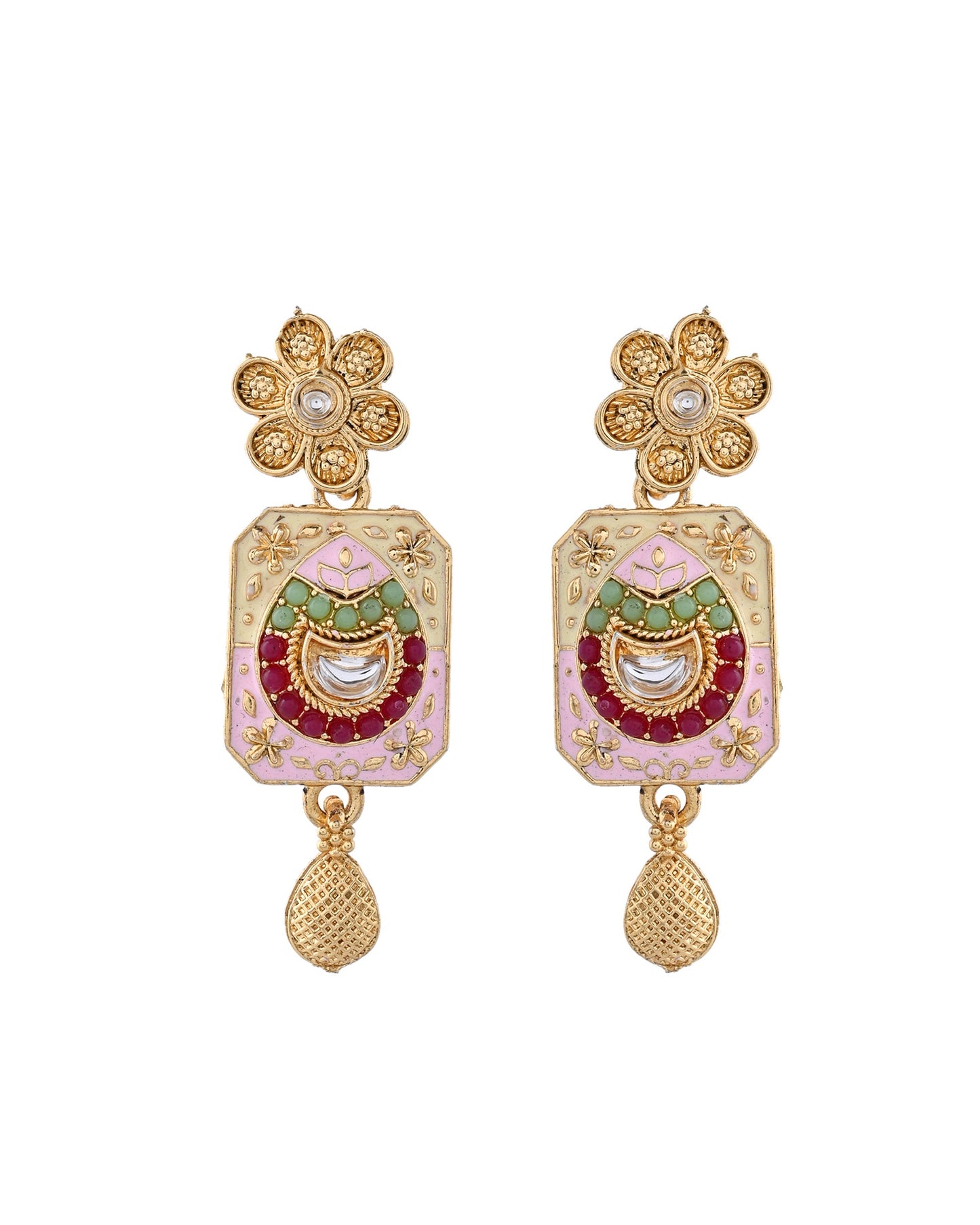 Jewels Nest Traditional Gold-Polished Kundan & Pearl Multi-Color Necklace and Earrings Set for Women - Swadesiicart