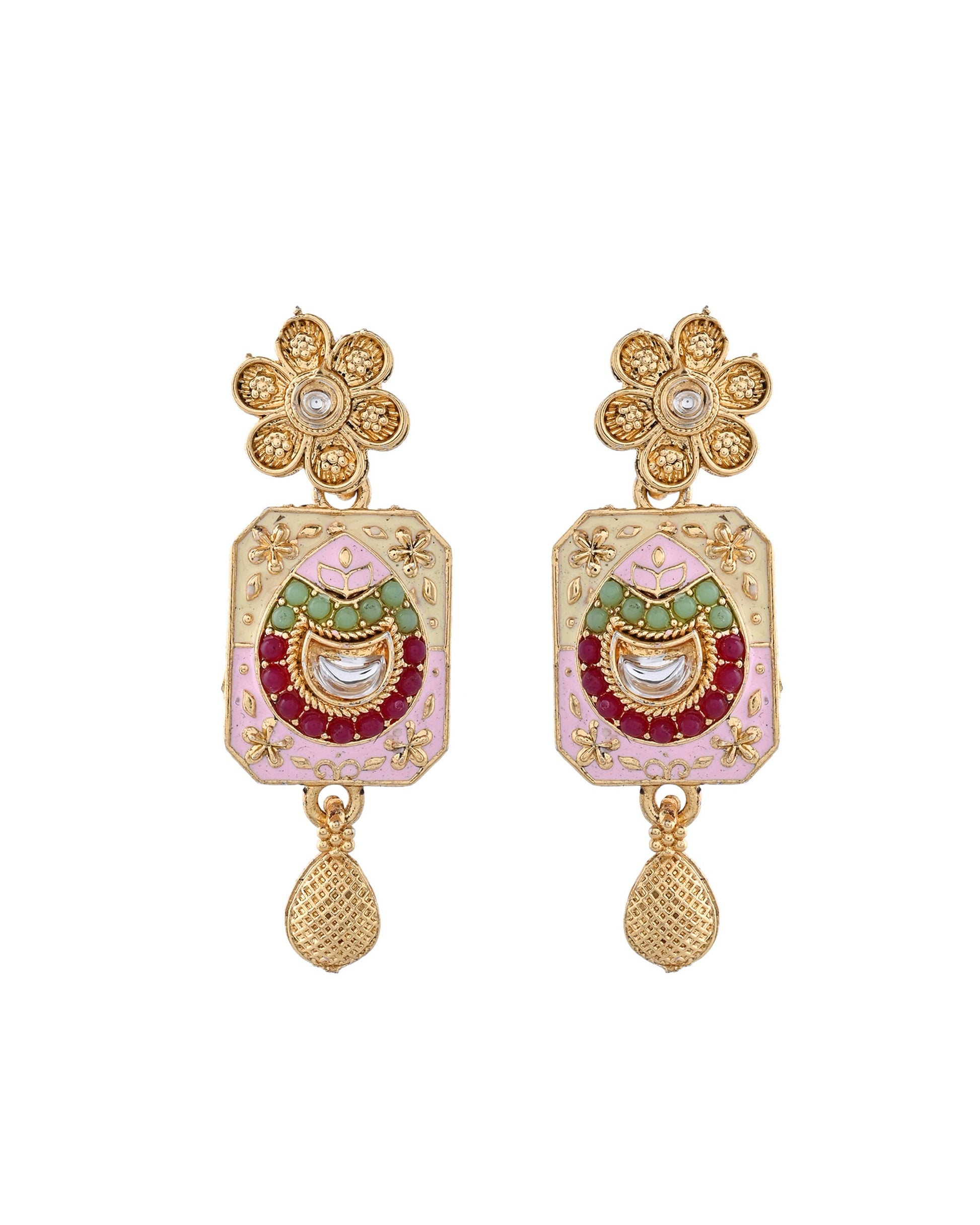 Jewels Nest Traditional Gold-Polished Kundan & Pearl Multi-Color Necklace and Earrings Set for Women - Swadesiicart