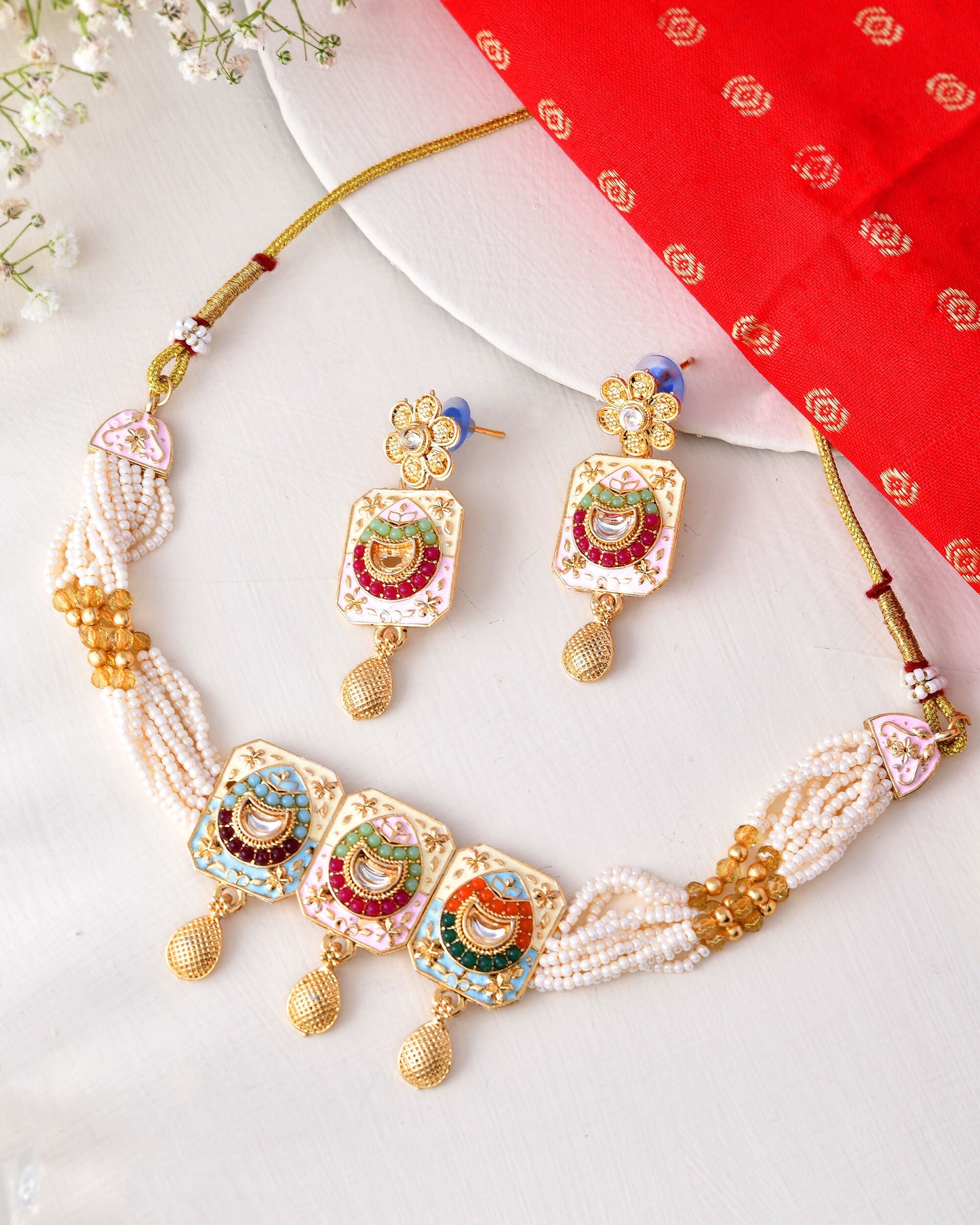 Jewels Nest Traditional Gold-Polished Kundan & Pearl Multi-Color Necklace and Earrings Set for Women - Swadesiicart