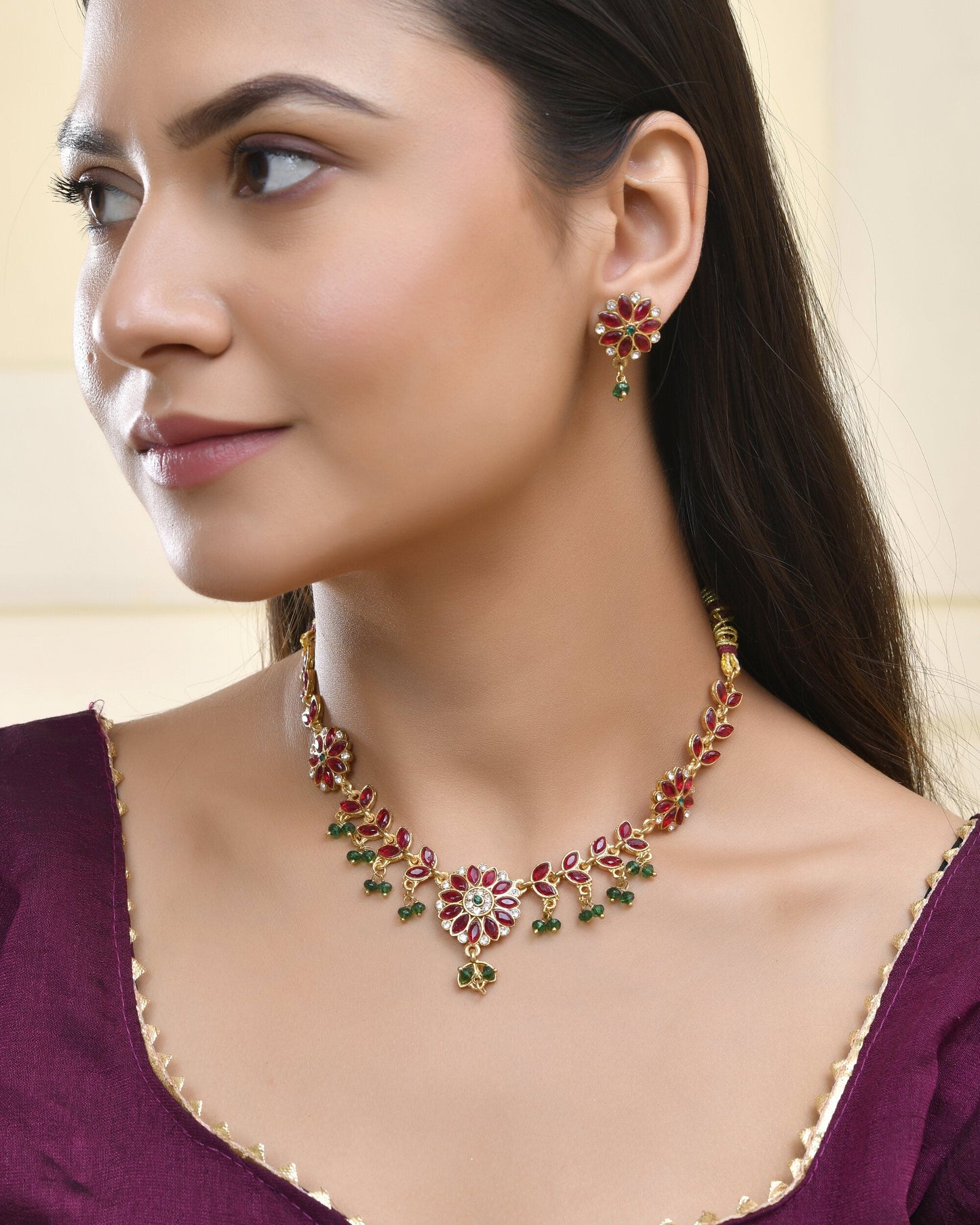 Jewels Nest Traditional Ruby and Emerald Floral Necklace & Earrings Set - Swadesiicart