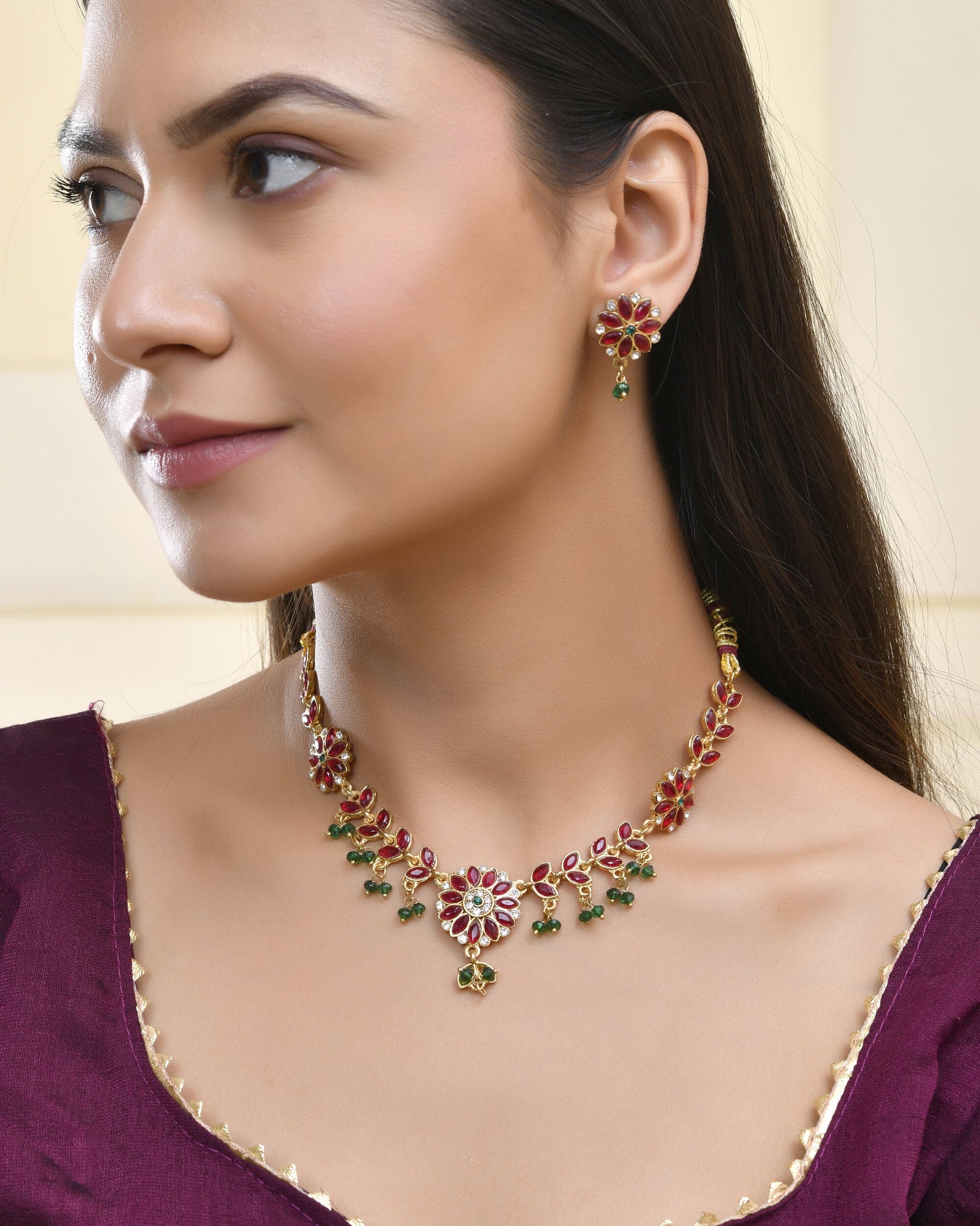Jewels Nest Traditional Ruby and Emerald Floral Necklace & Earrings Set - Swadesiicart