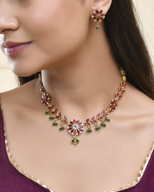 Jewels Nest Traditional Ruby and Emerald Floral Necklace & Earrings Set - Swadesiicart