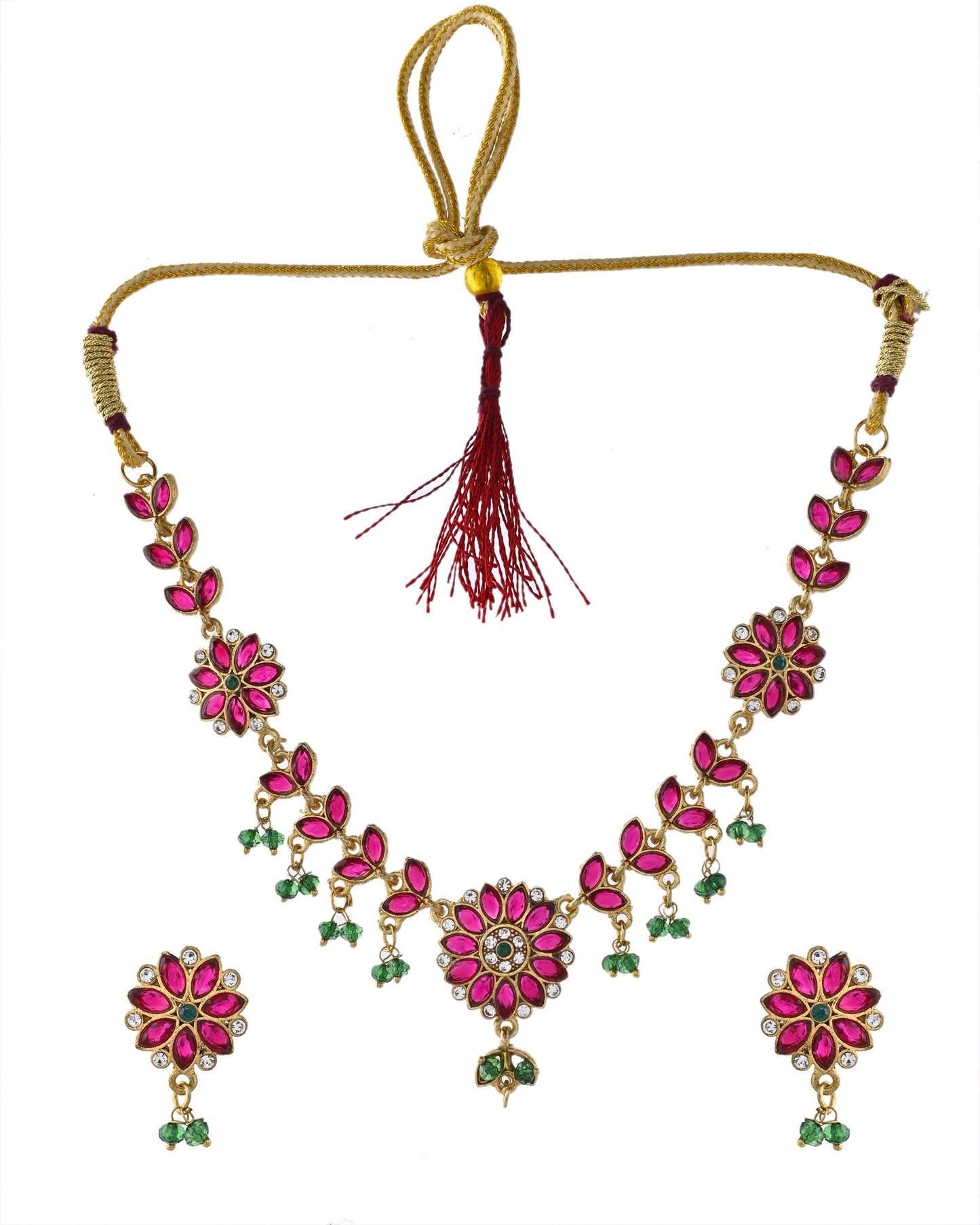 Jewels Nest Traditional Ruby and Emerald Floral Necklace & Earrings Set - Swadesiicart