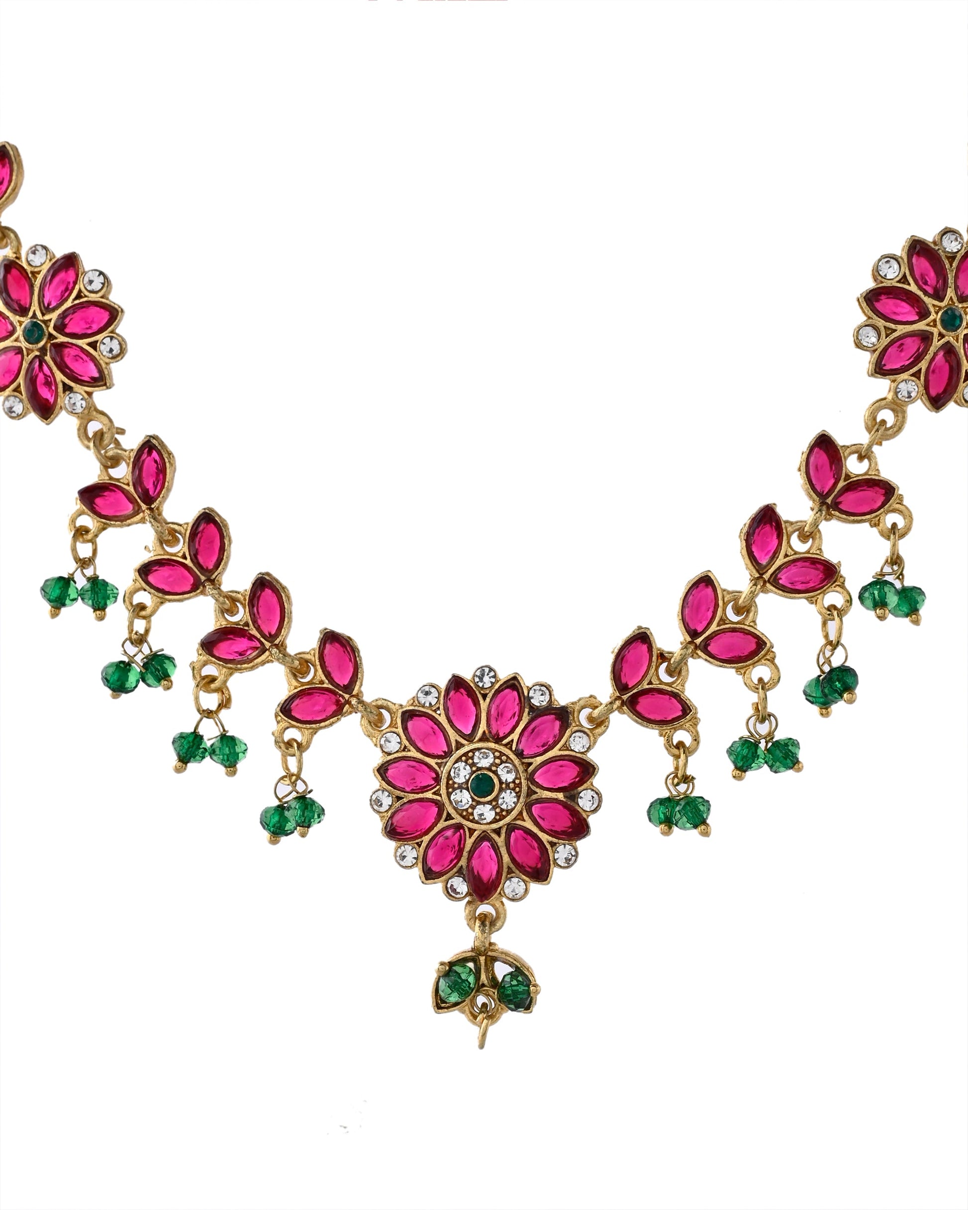 Jewels Nest Traditional Ruby and Emerald Floral Necklace & Earrings Set - Swadesiicart